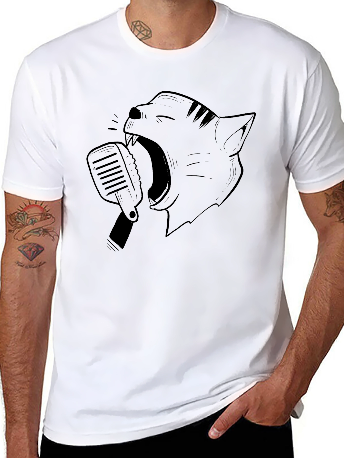 Singing Cat Graphic Tee - Black Cotton Blend