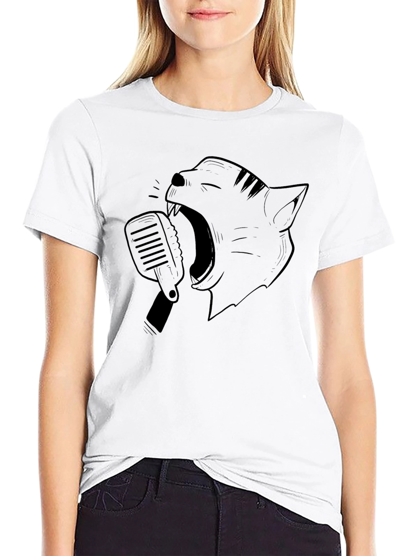 Singing Cat Graphic Tee - Black Cotton Blend