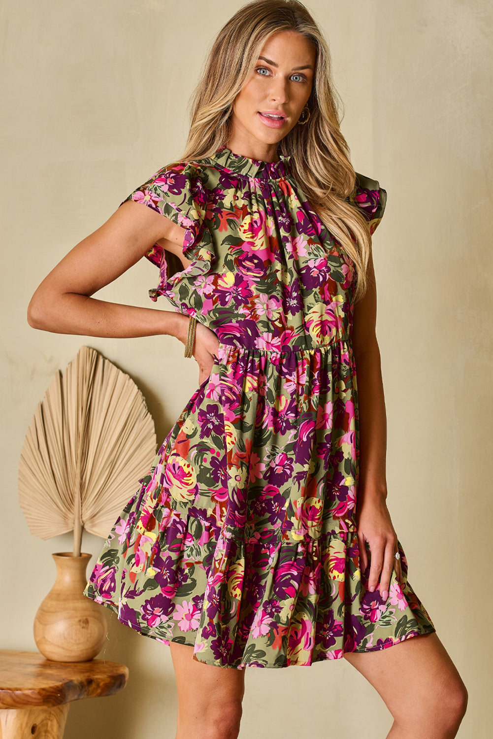 Green Floral Print Ruched Flutter Sleeve Frilled Neck Mini Dress