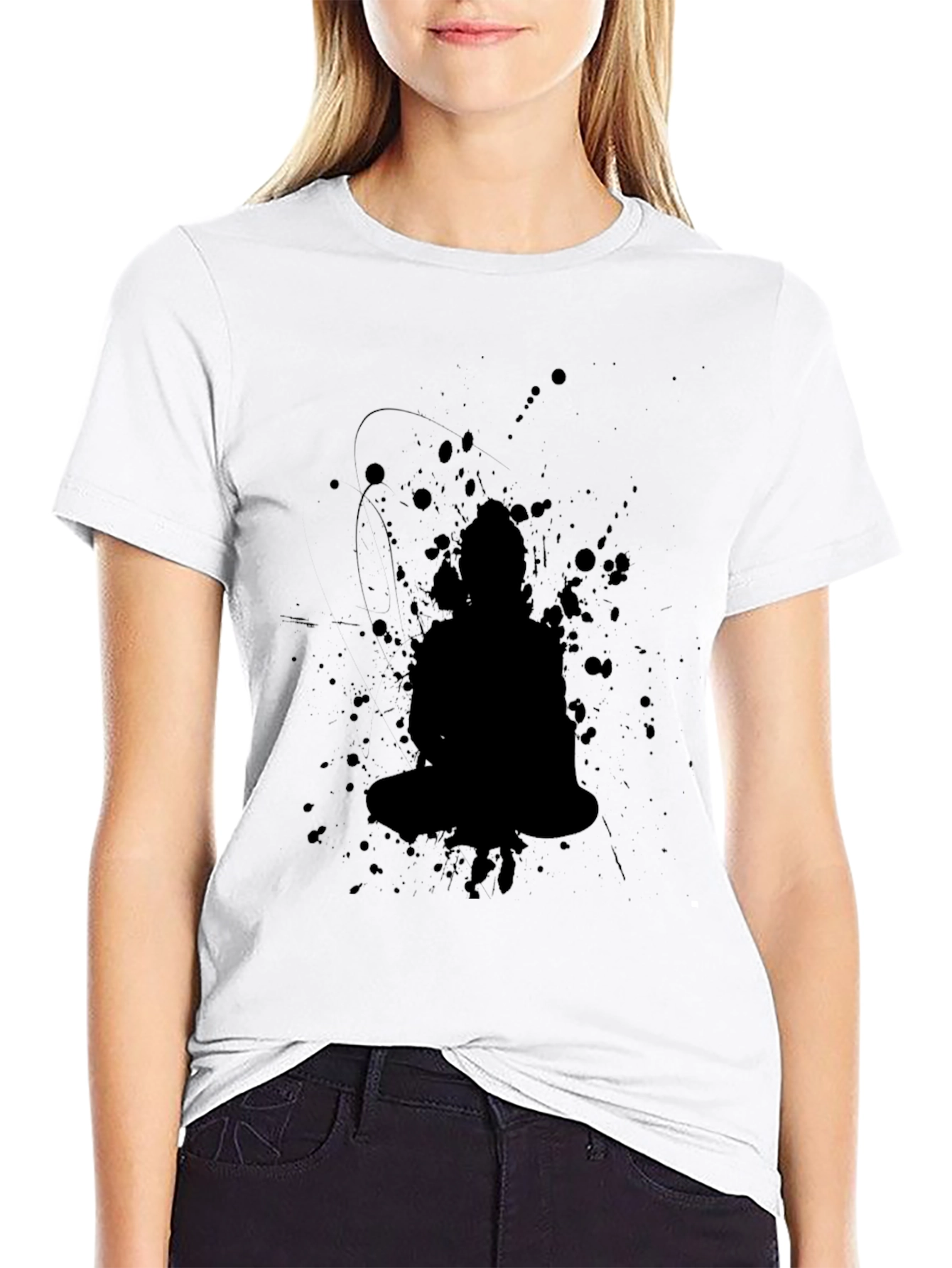 Black Buddha Splatter Print T-Shirt