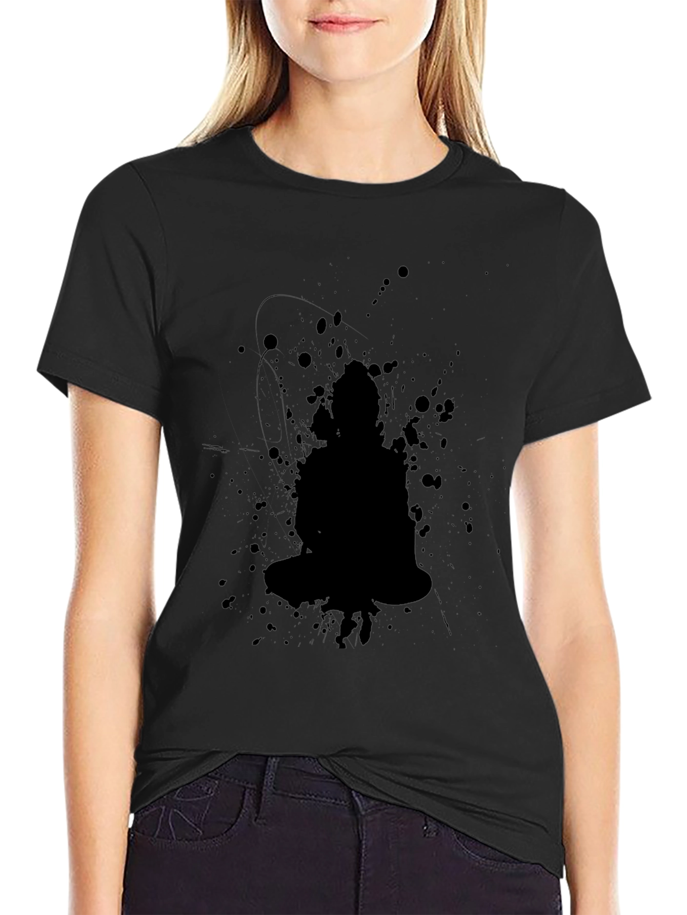 Black Buddha Splatter Print T-Shirt