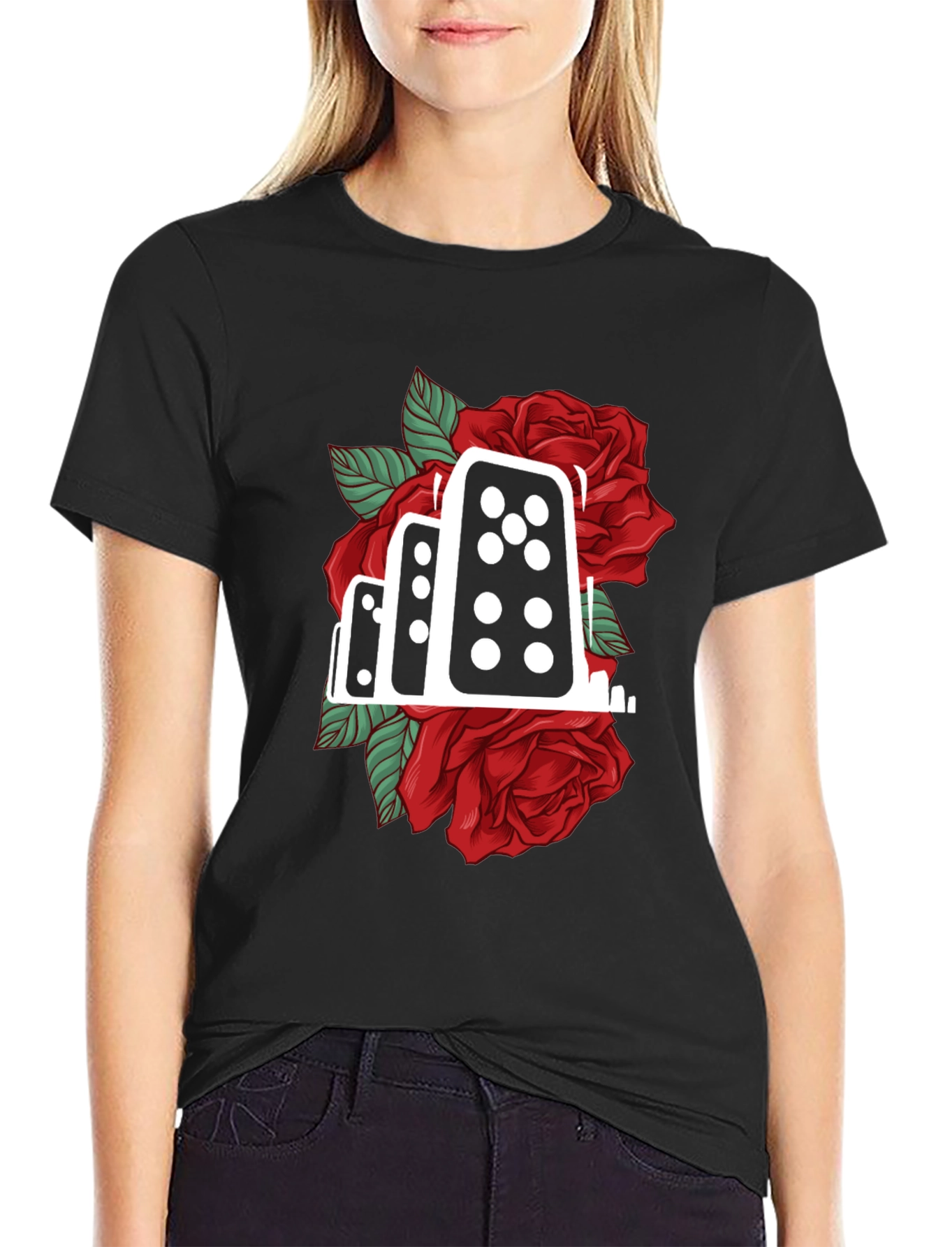 Domino Rose Graphic Tee - Stylish Cotton Blend