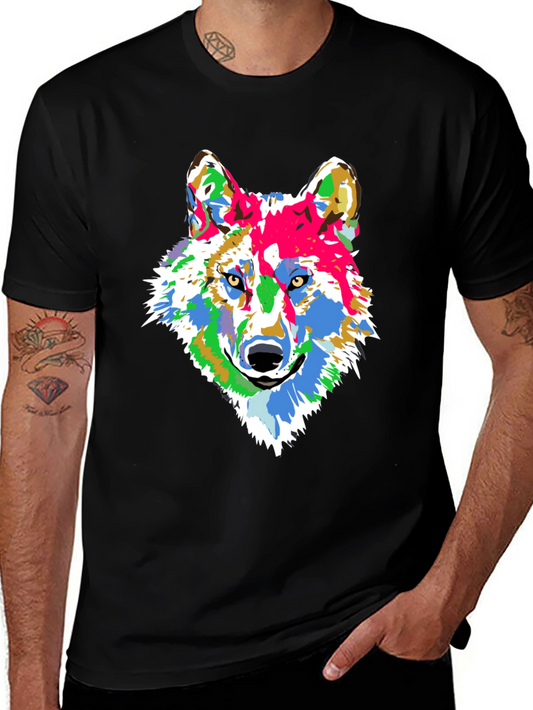 Colorful Wolf Graphic Print Black T-Shirt