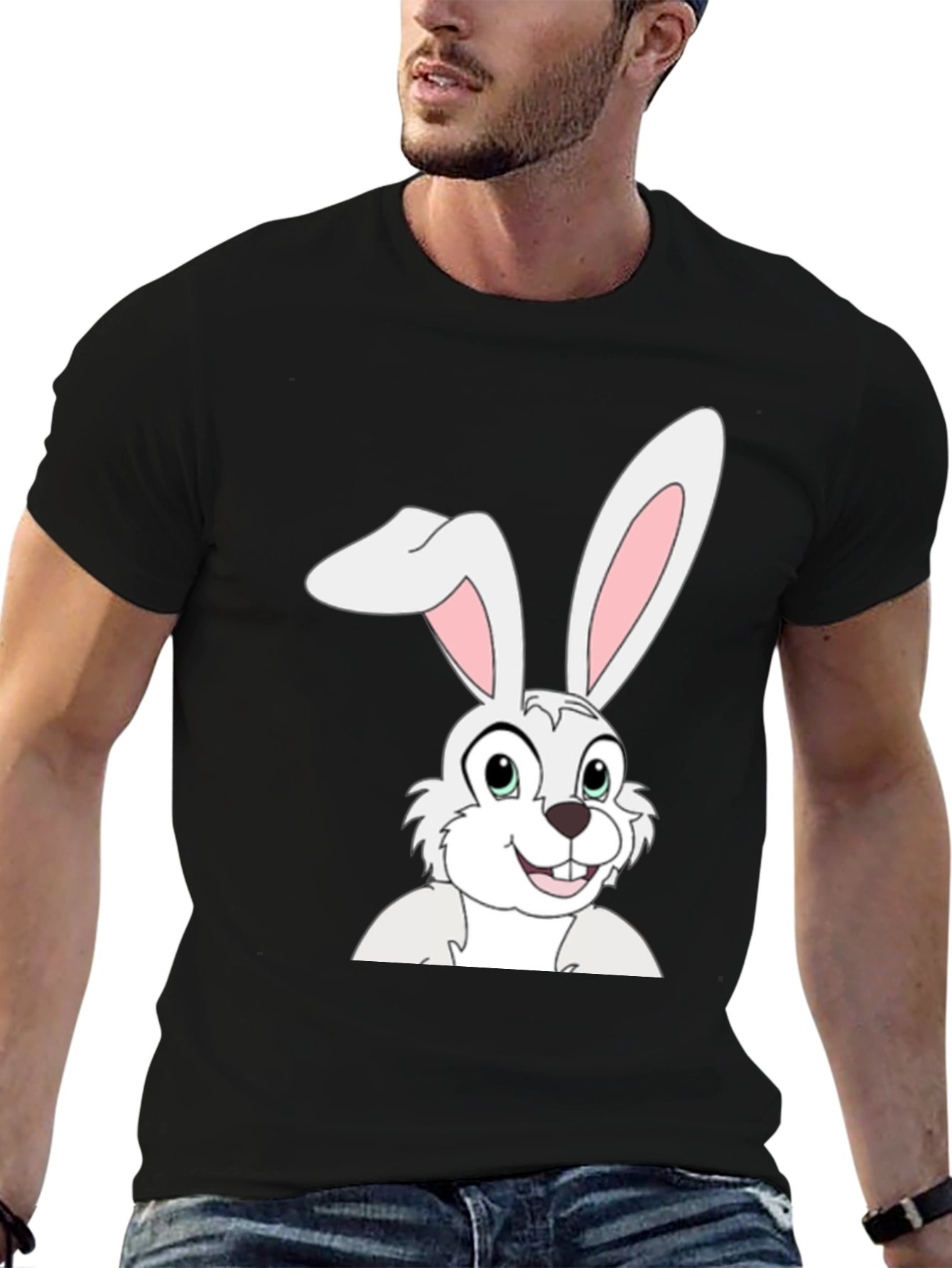 Cartoon Bunny Graphic Tee - Black Cotton T-Shirt