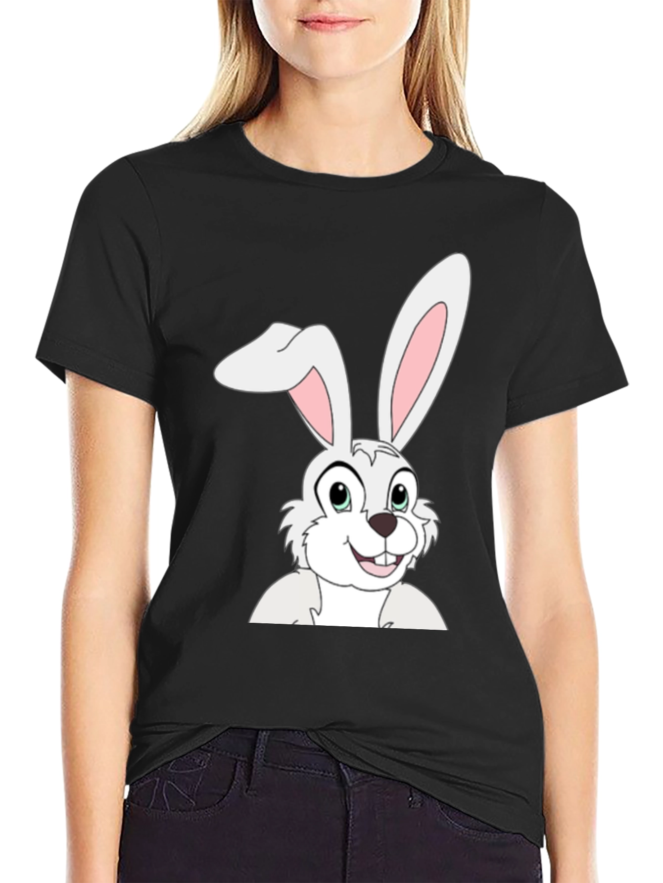 Cartoon Bunny Graphic Tee - Black Cotton T-Shirt