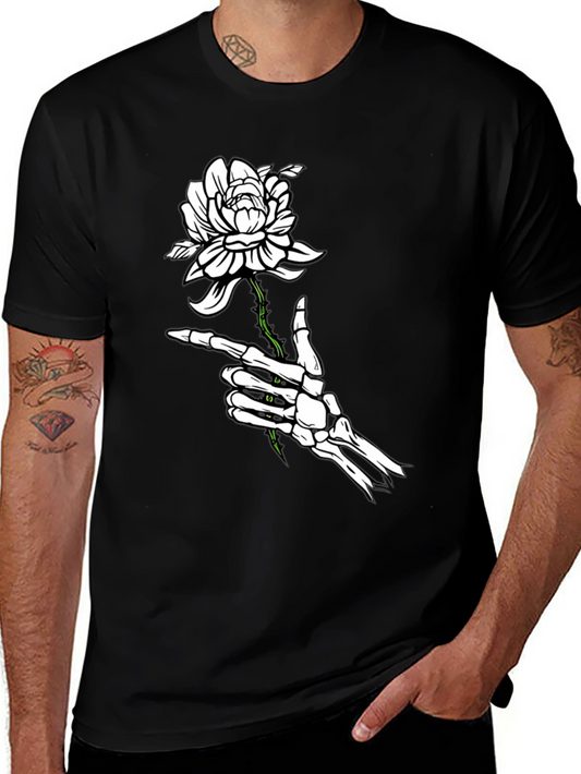 Skeleton Hand Rose Graphic Tee - Black Cotton T-Shirt