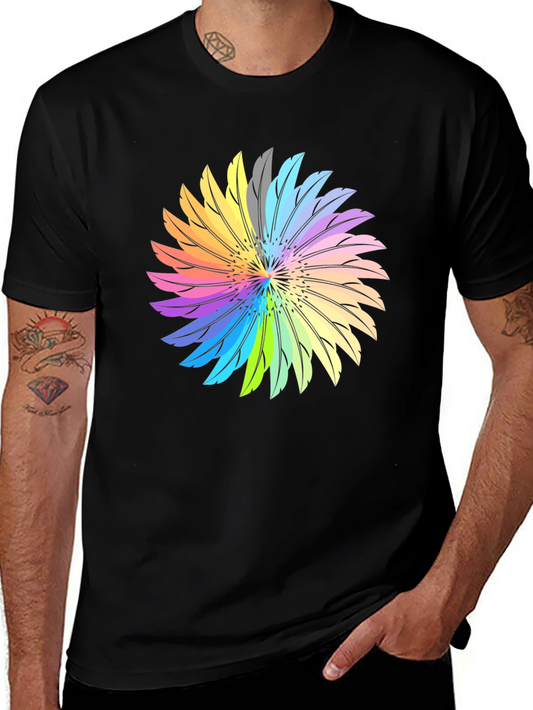 Colorful Featherburst Graphic Tee - Black Cotton T-Shirt