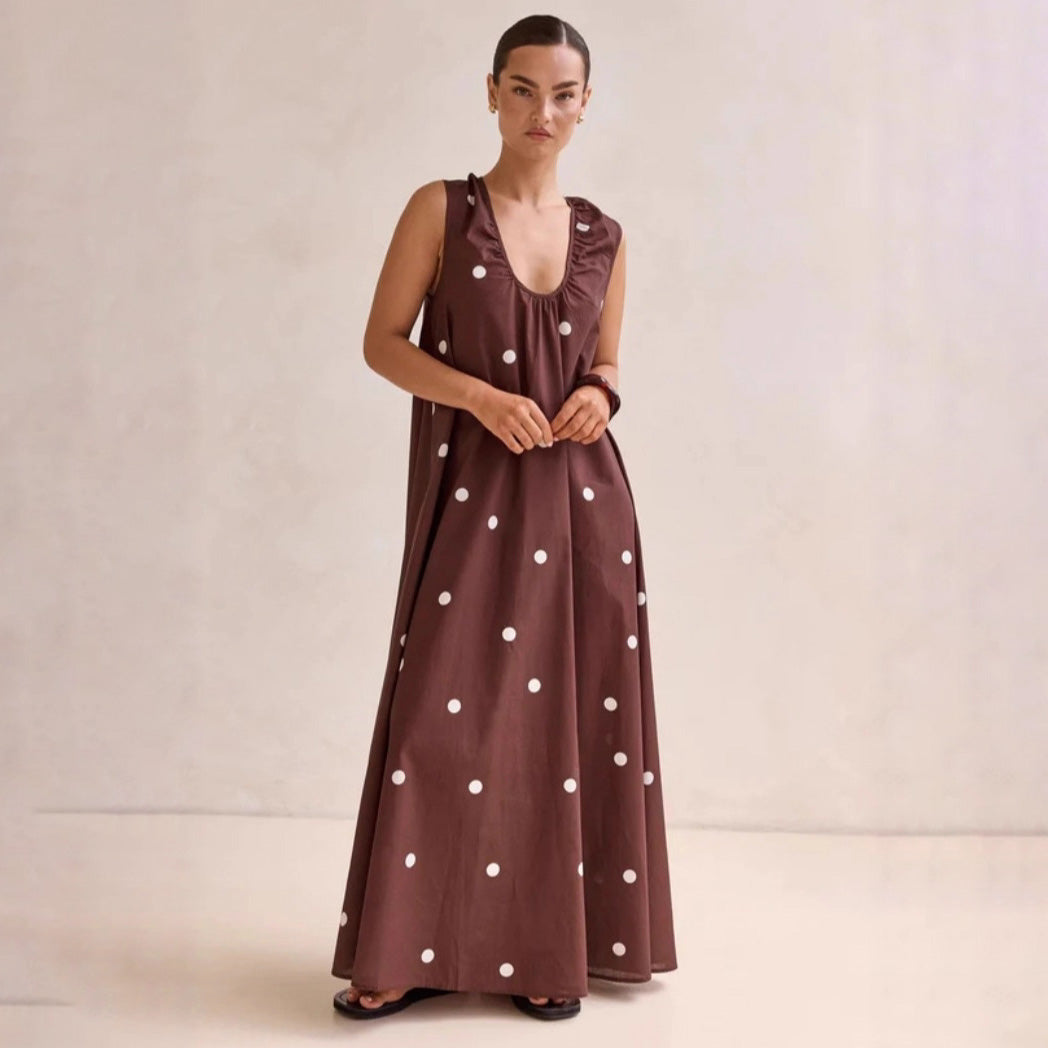 Women's Casual Summer Polka Dot Print U-Neck Sleeveless Large Swing Loose Dress