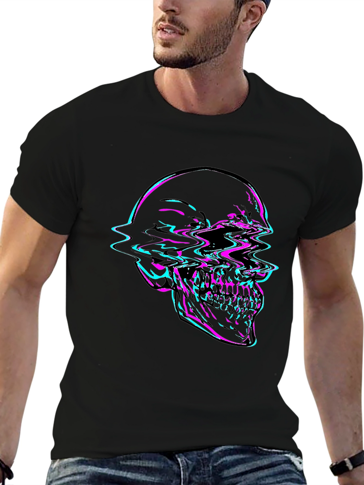 Glitch Skull Graphic Tee - Bold Black T-Shirt