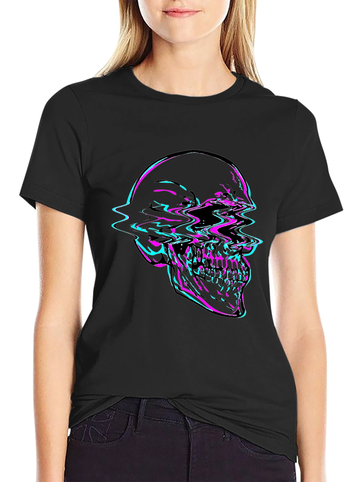 Glitch Skull Graphic Tee - Bold Black T-Shirt