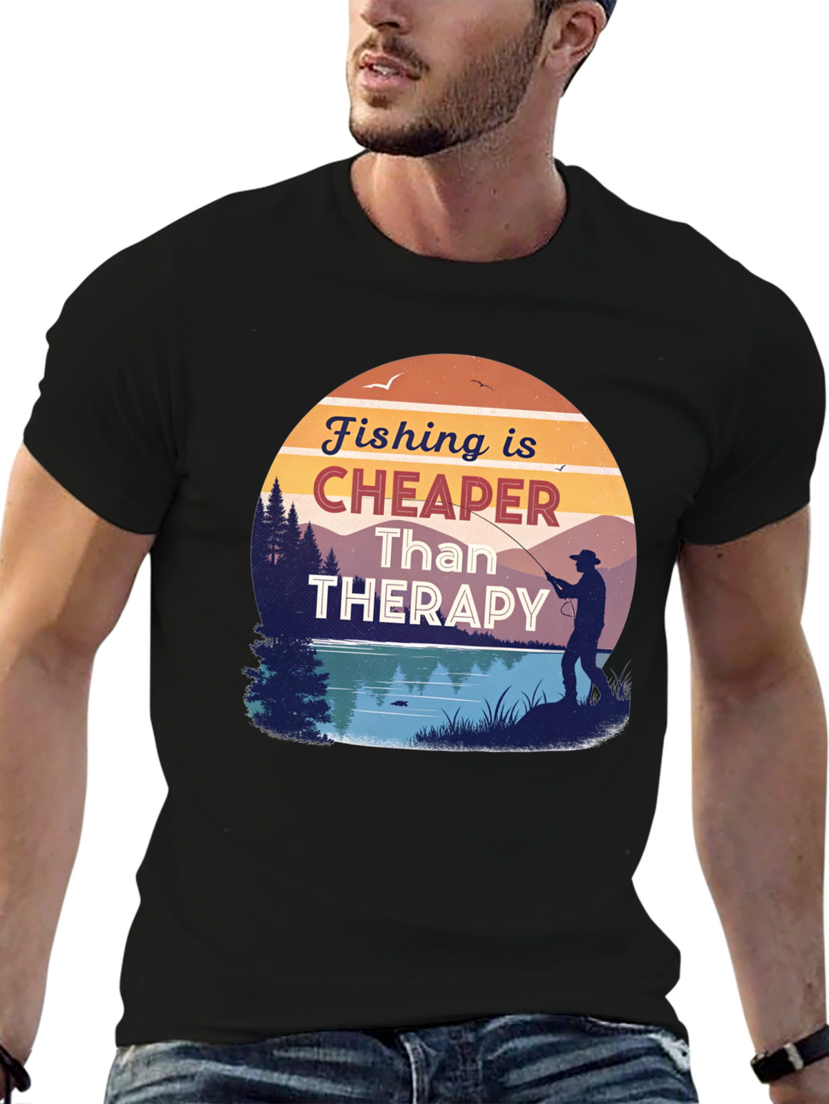 Fishing is Cheaper Than Therapy Black T-Shirt