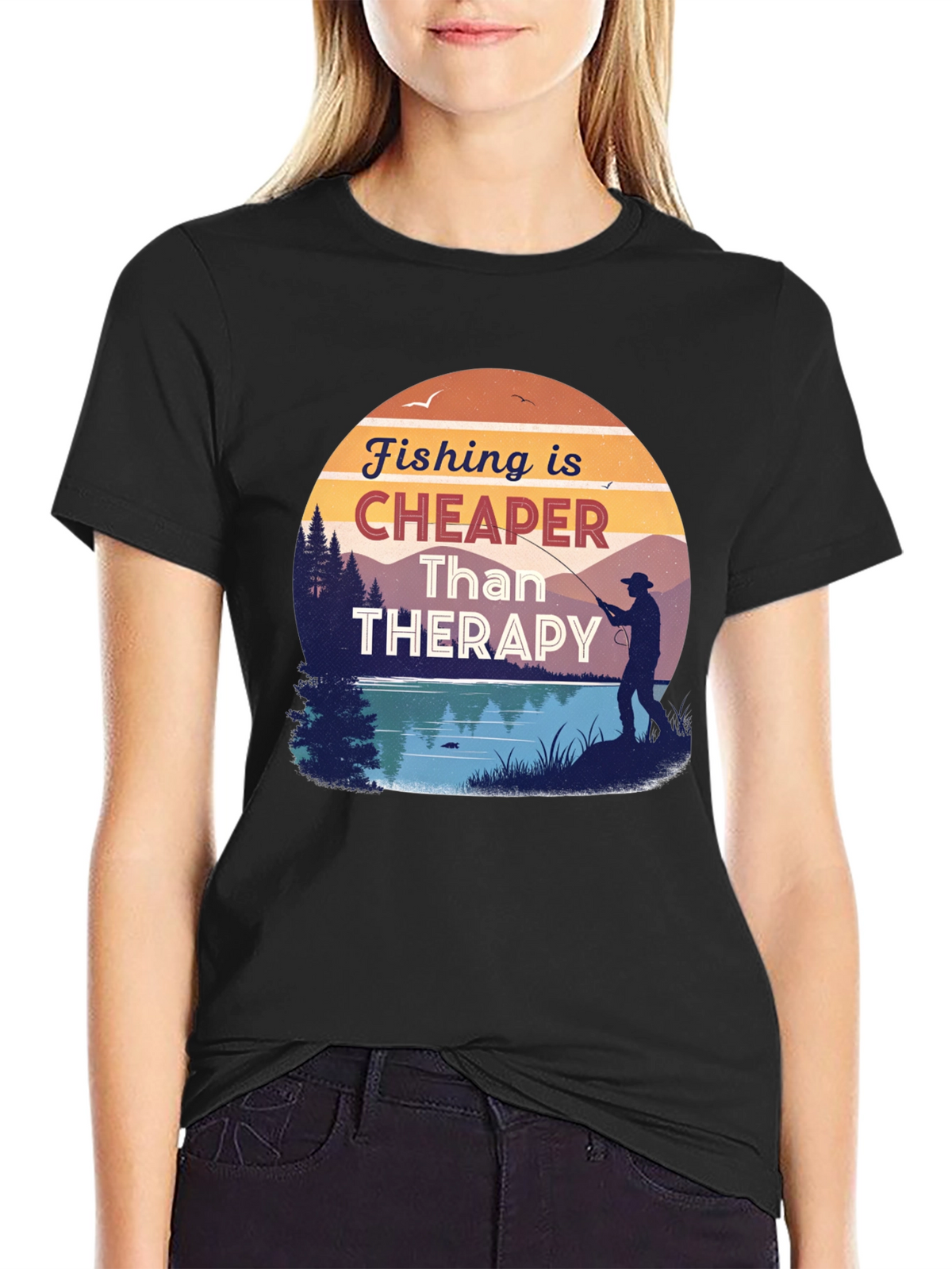 Fishing is Cheaper Than Therapy Black T-Shirt