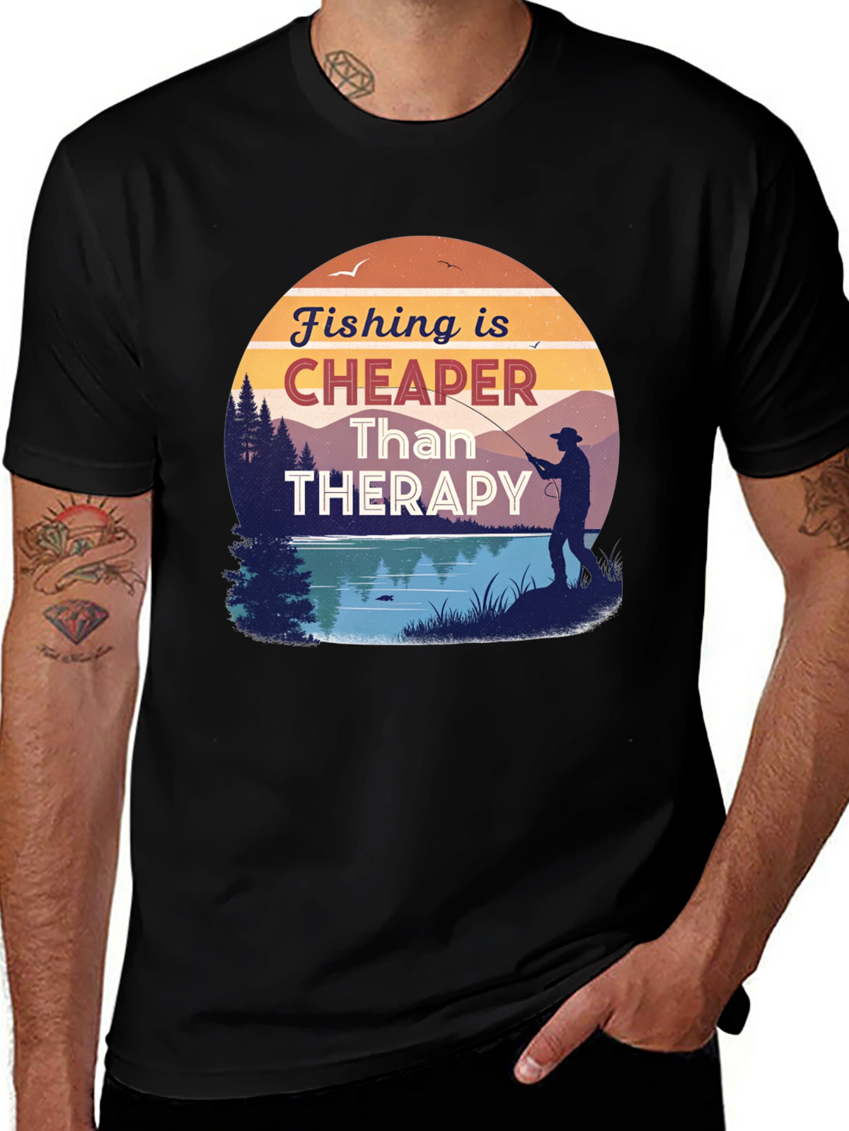 Fishing is Cheaper Than Therapy Black T-Shirt