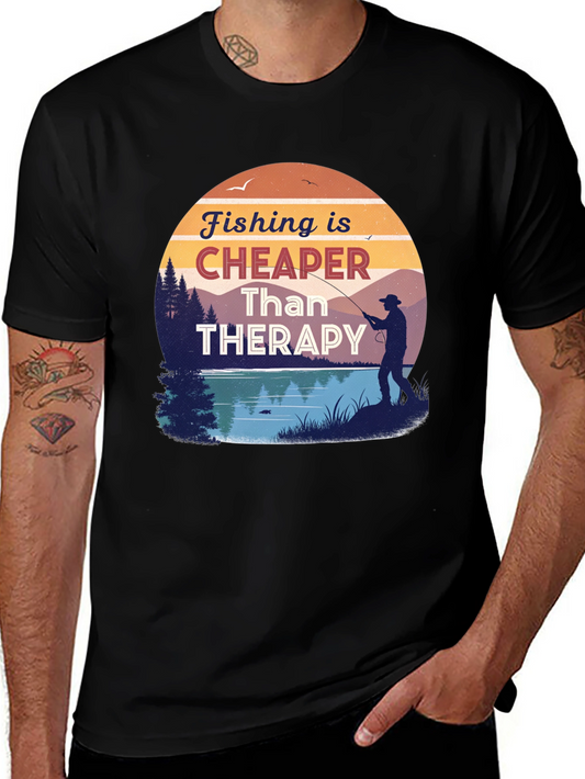 Fishing is Cheaper Than Therapy Black T-Shirt