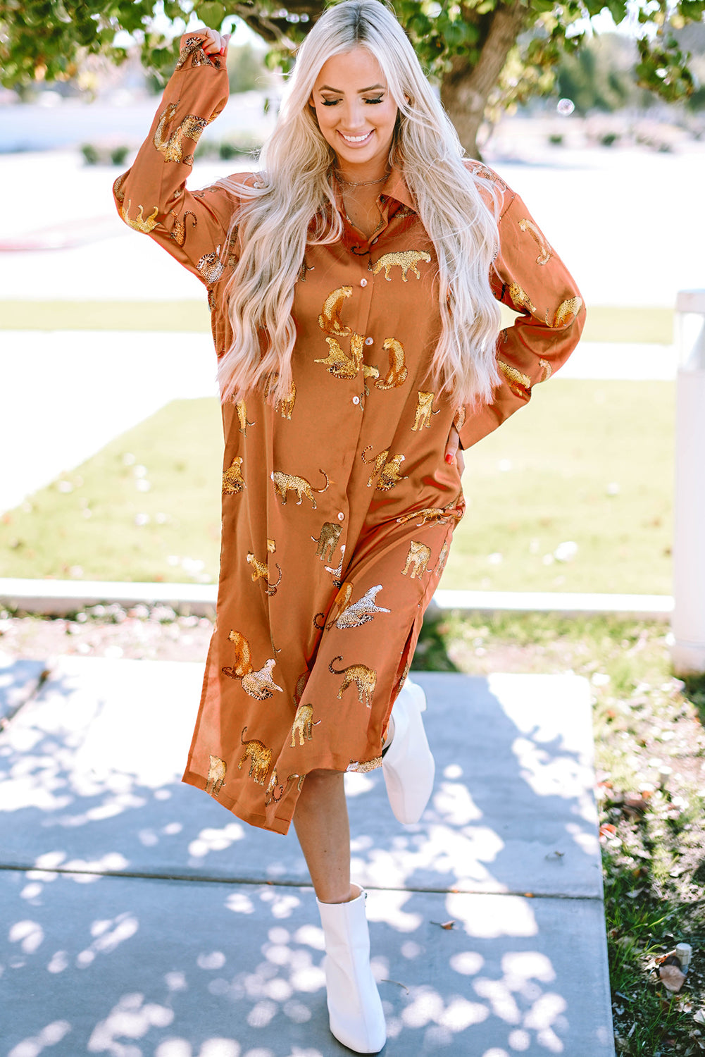 Mustard Cheetah Print Button-Up Split Shirt Dress