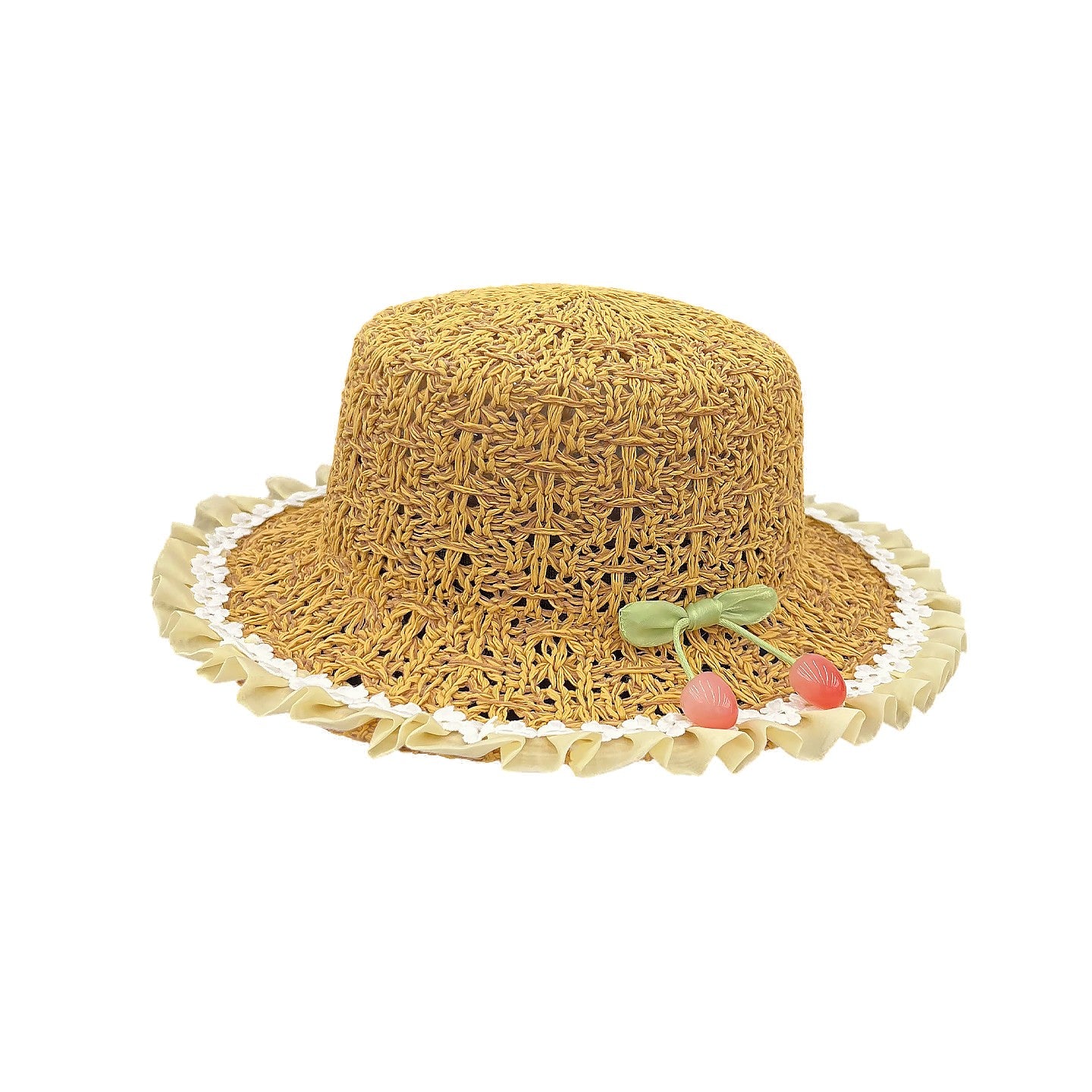 Women's Flat Top Straw Hat with Ruffled Brim and Cherry Detail for Sun Protection