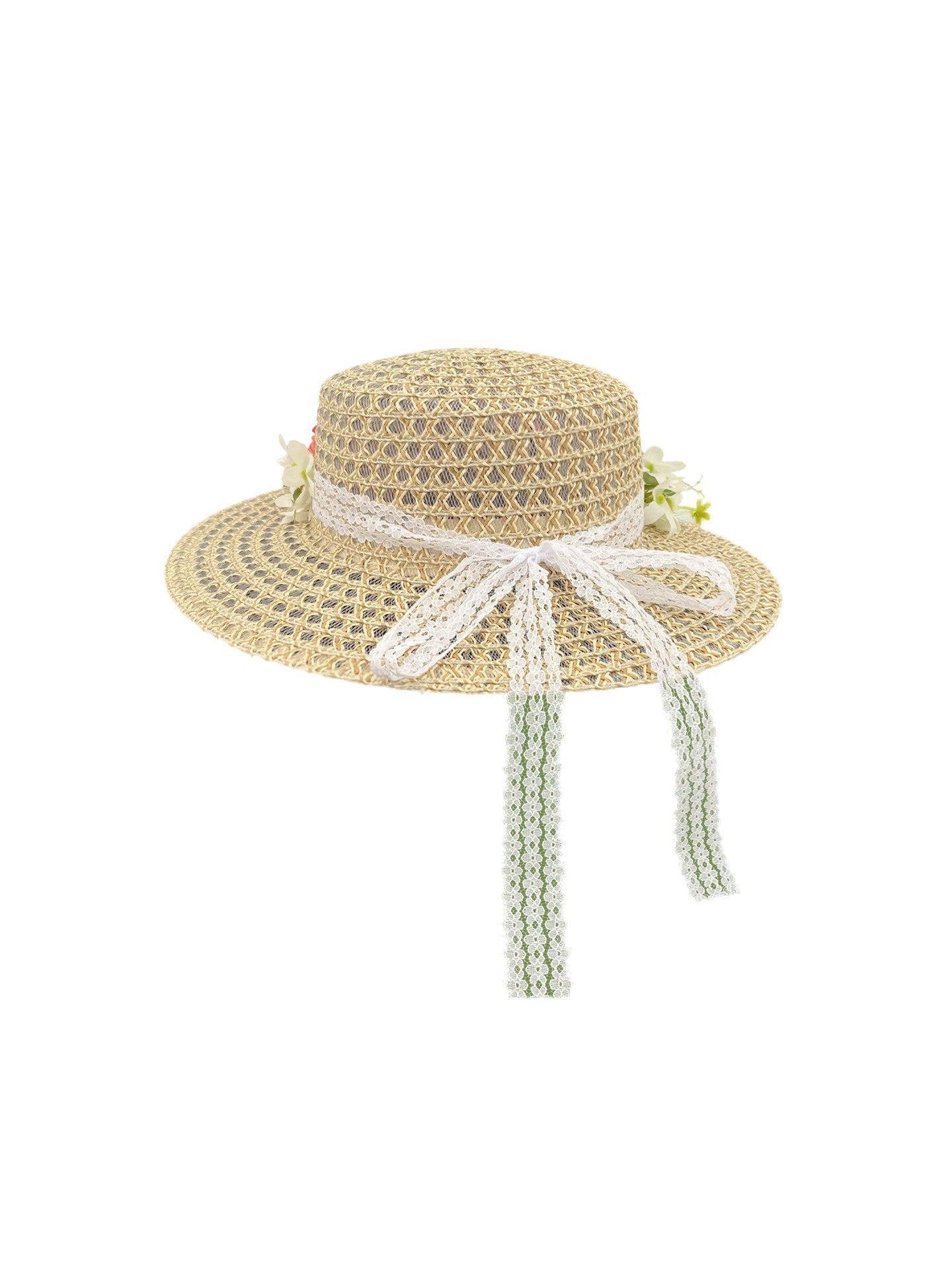 Straw Flat-Top Hat with Floral Decoration and Lace Ribbon