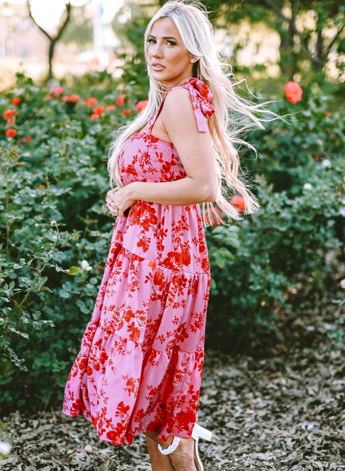 Pink Tie Shoulder Straps Tiered Floral Dress