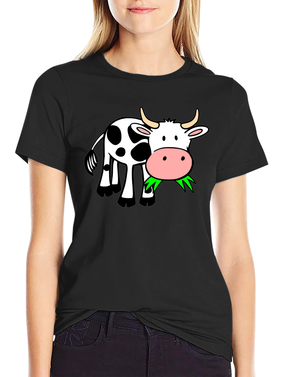 Funny Cow Eating Grass Graphic Black T-Shirt