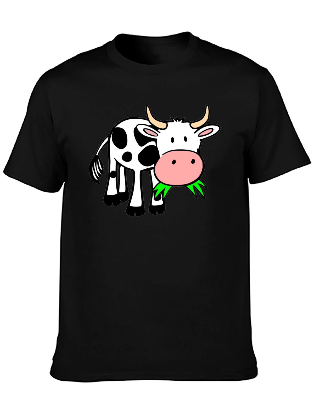 Funny Cow Eating Grass Graphic Black T-Shirt