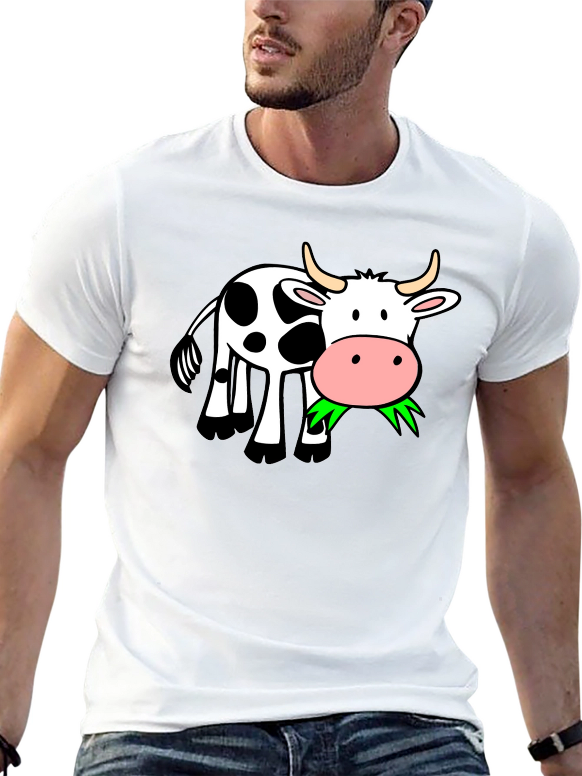 Funny Cow Eating Grass Graphic Black T-Shirt