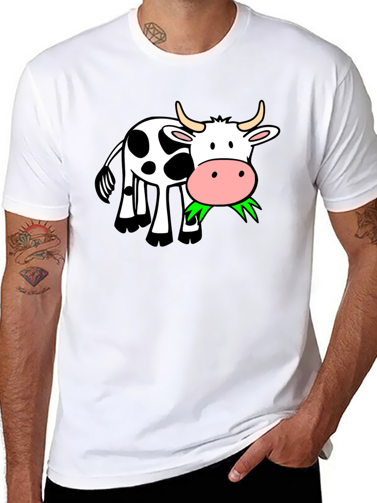 Funny Cow Eating Grass Graphic Black T-Shirt