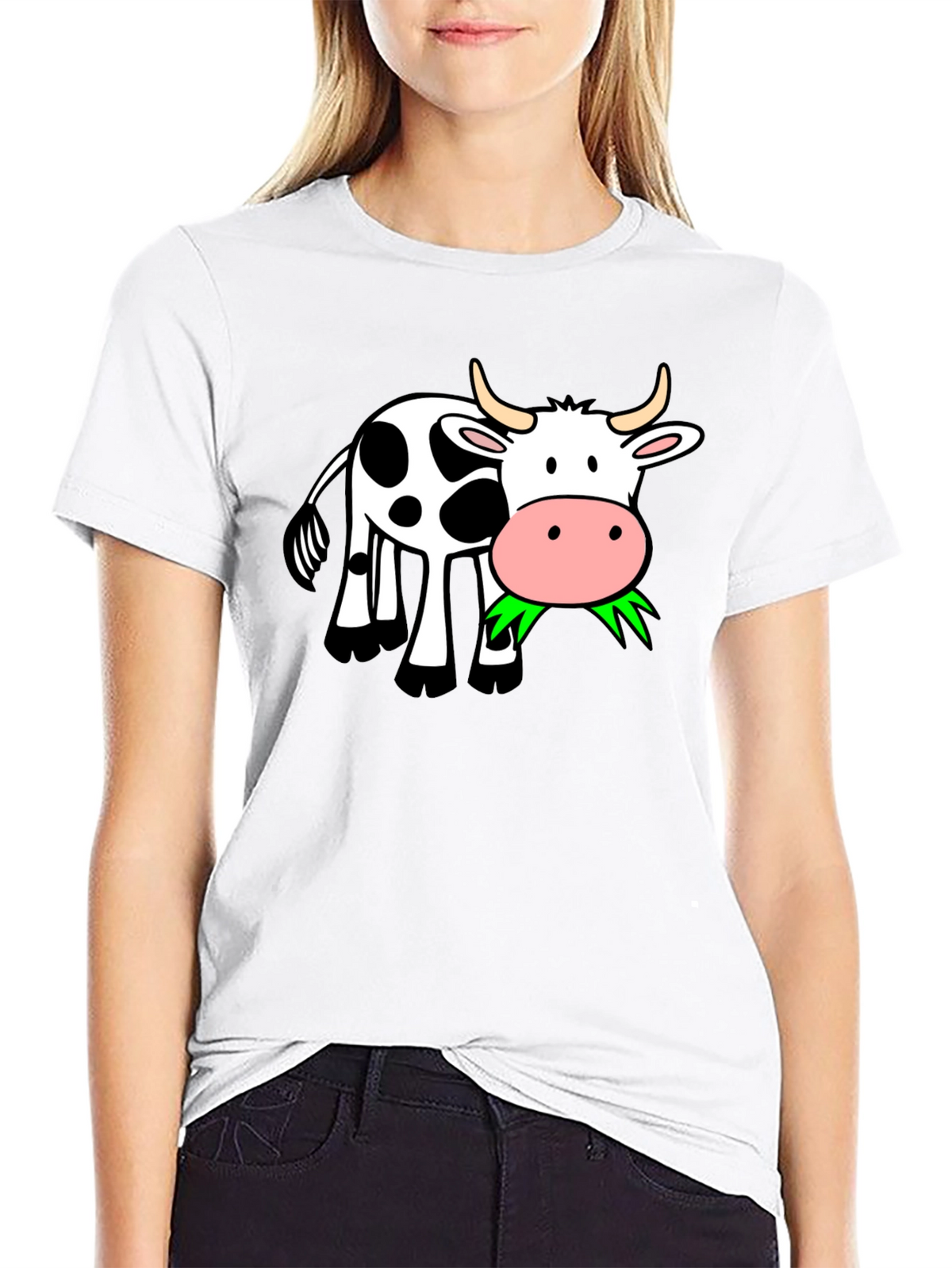 Funny Cow Eating Grass Graphic Black T-Shirt