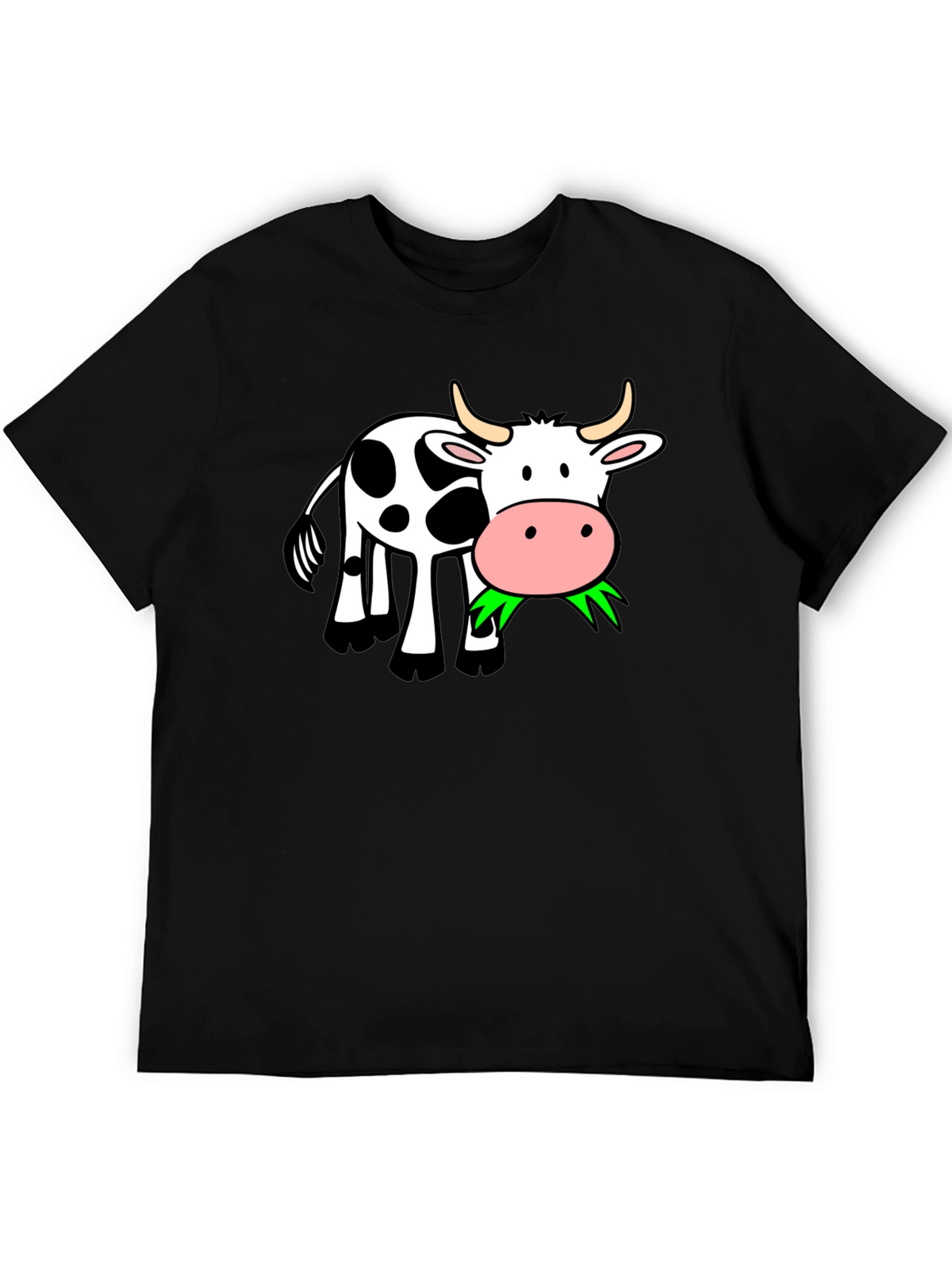 Funny Cow Eating Grass Graphic Black T-Shirt