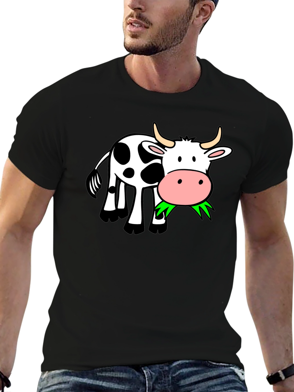 Funny Cow Eating Grass Graphic Black T-Shirt
