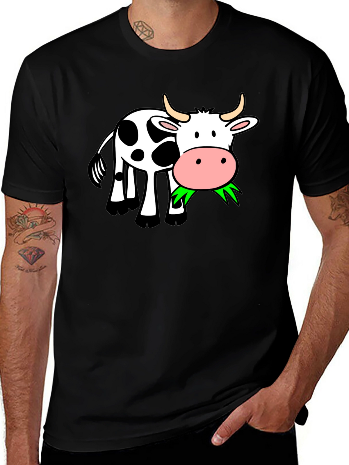 Funny Cow Eating Grass Graphic Black T-Shirt