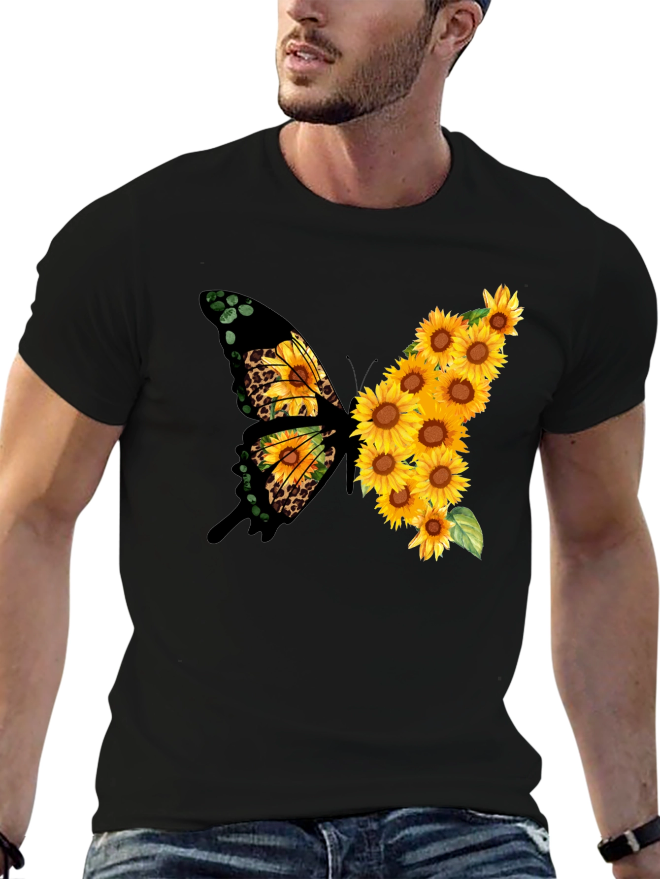 Sunflower Butterfly Print Black Tee