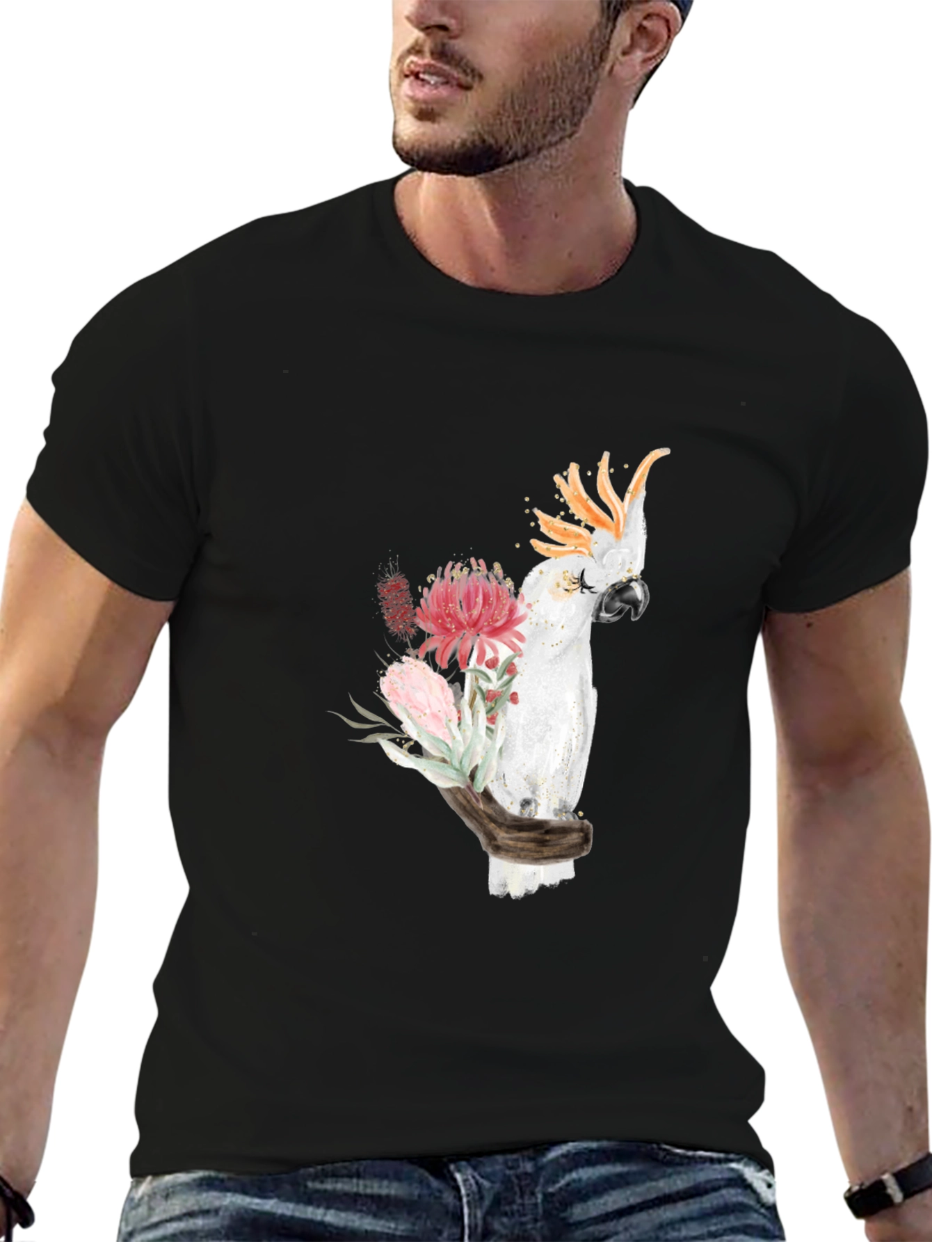 Cockatoo Floral Print T-Shirt - Black