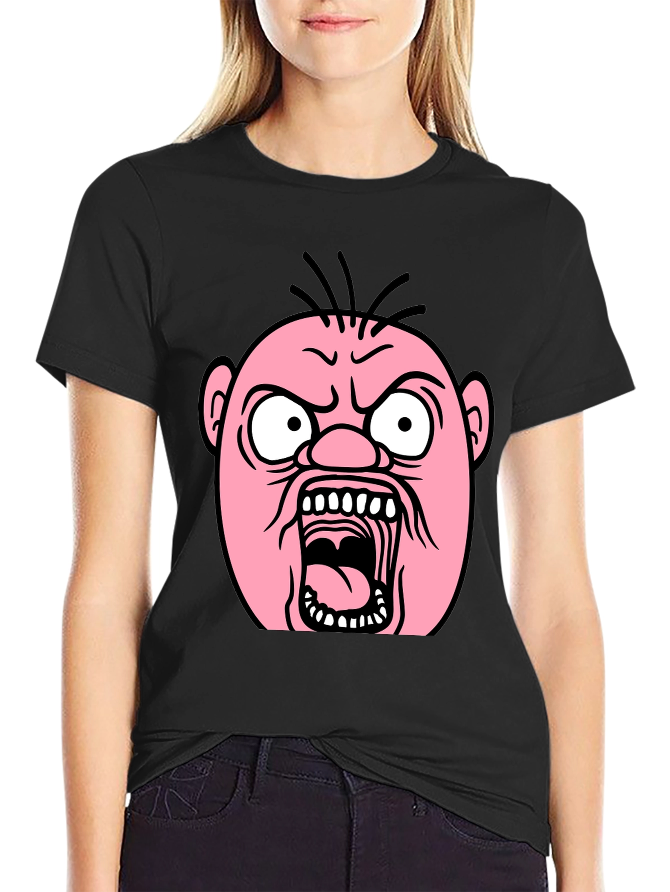 Cartoon Angry Face Black T-Shirt