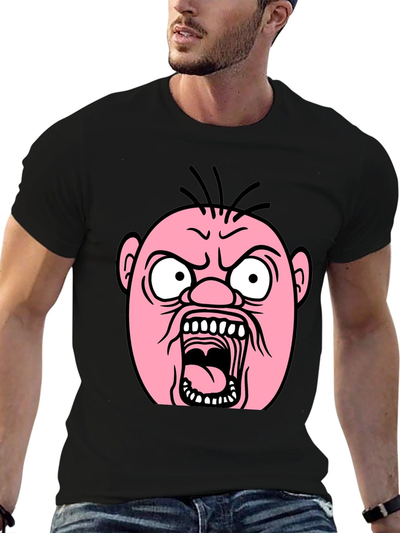 Cartoon Angry Face Black T-Shirt