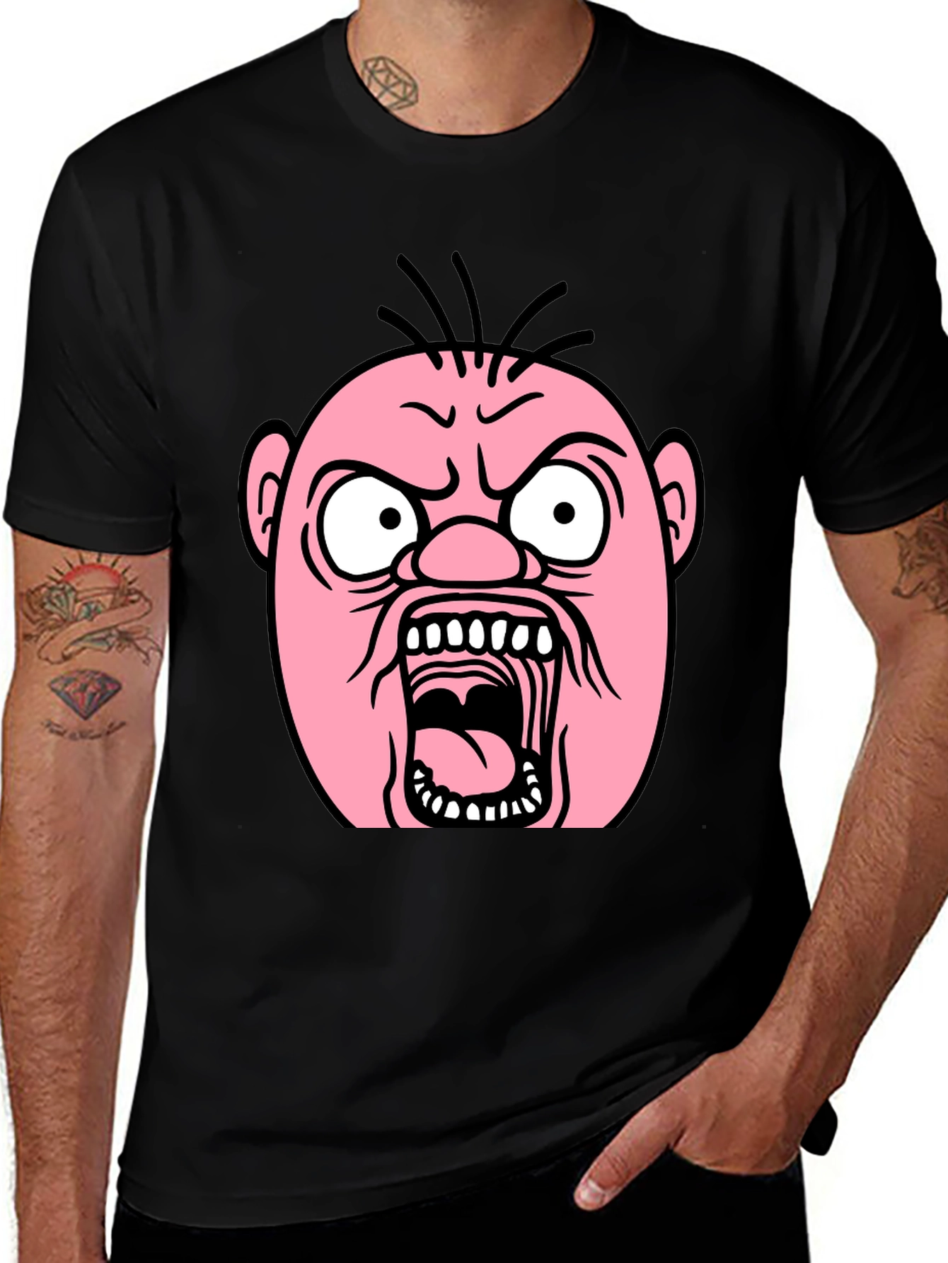 Cartoon Angry Face Black T-Shirt