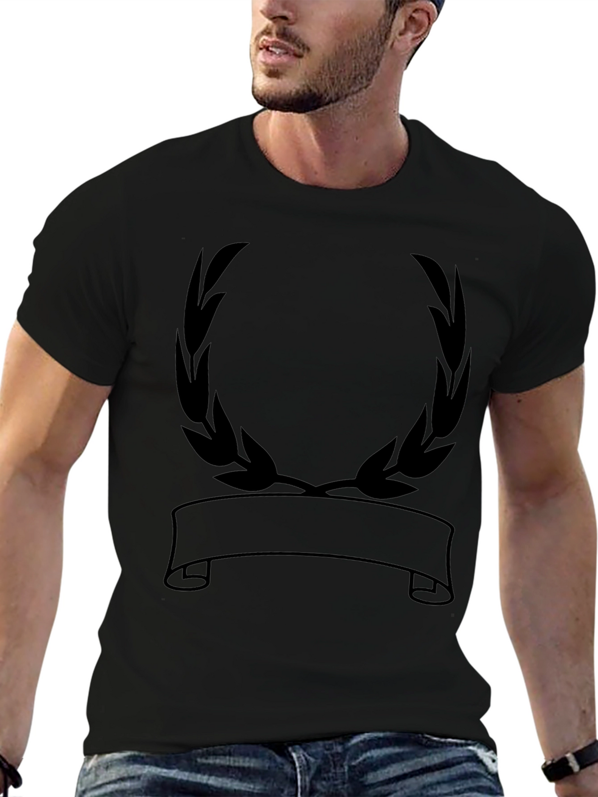 Black Graphic Tee - Laurel Wreath Banner Design