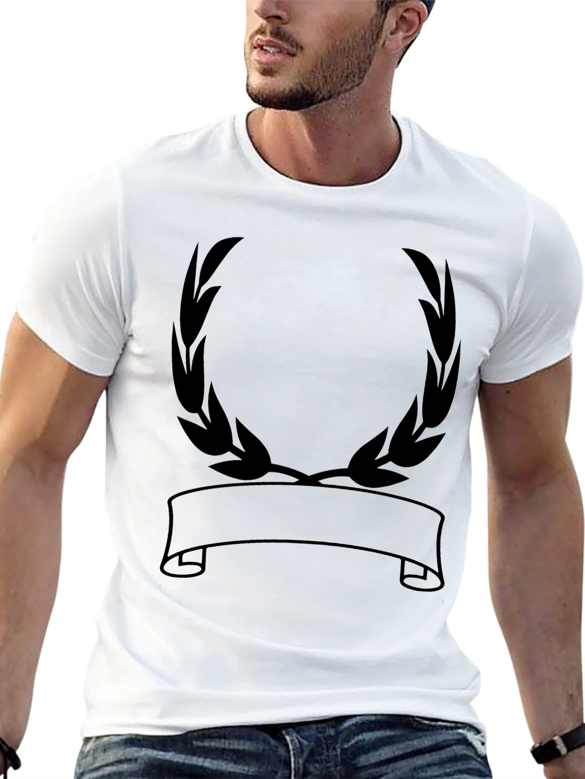 Black Graphic Tee - Laurel Wreath Banner Design