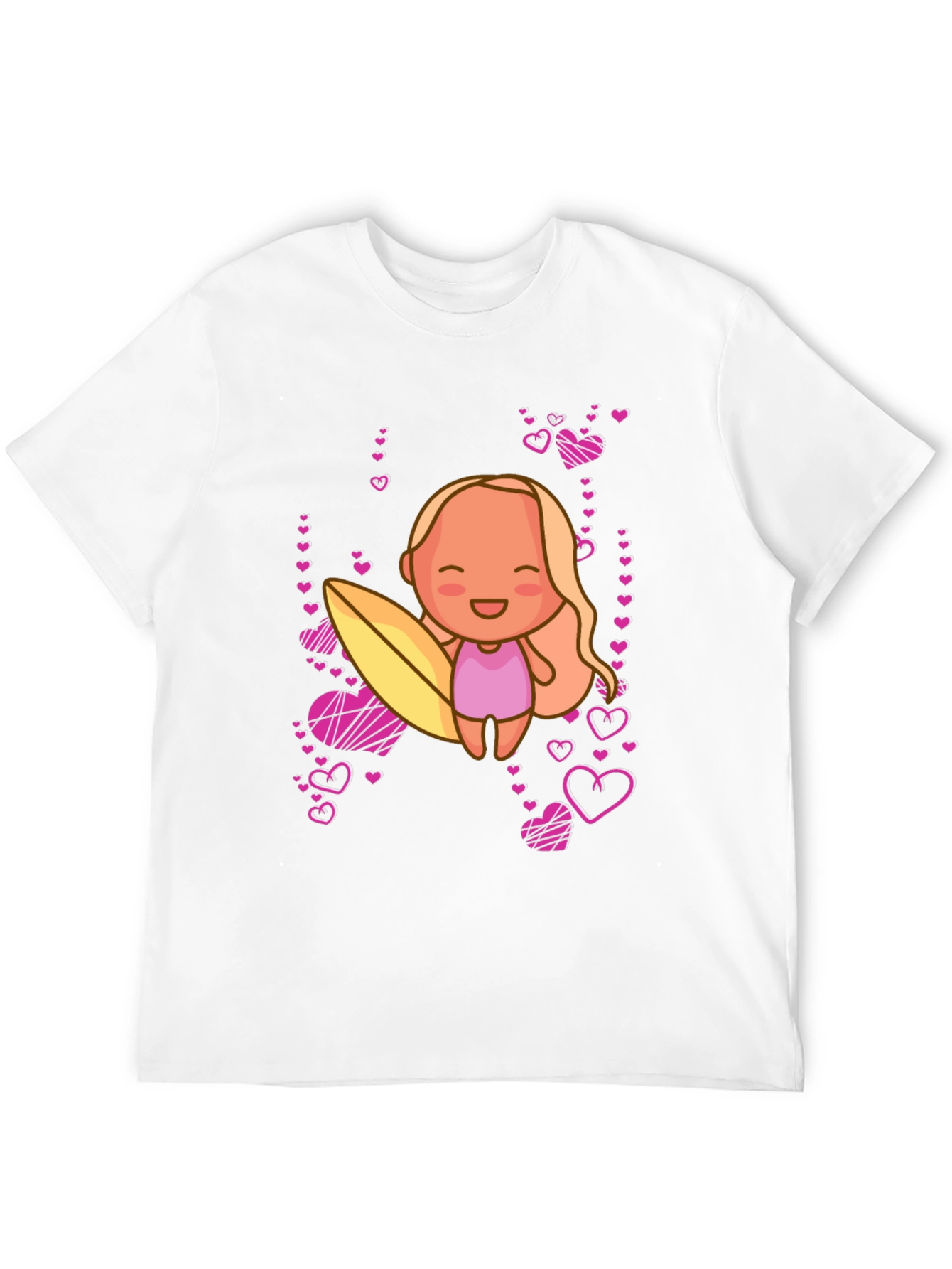 Cute Surfer Girl with Hearts Black T-Shirt