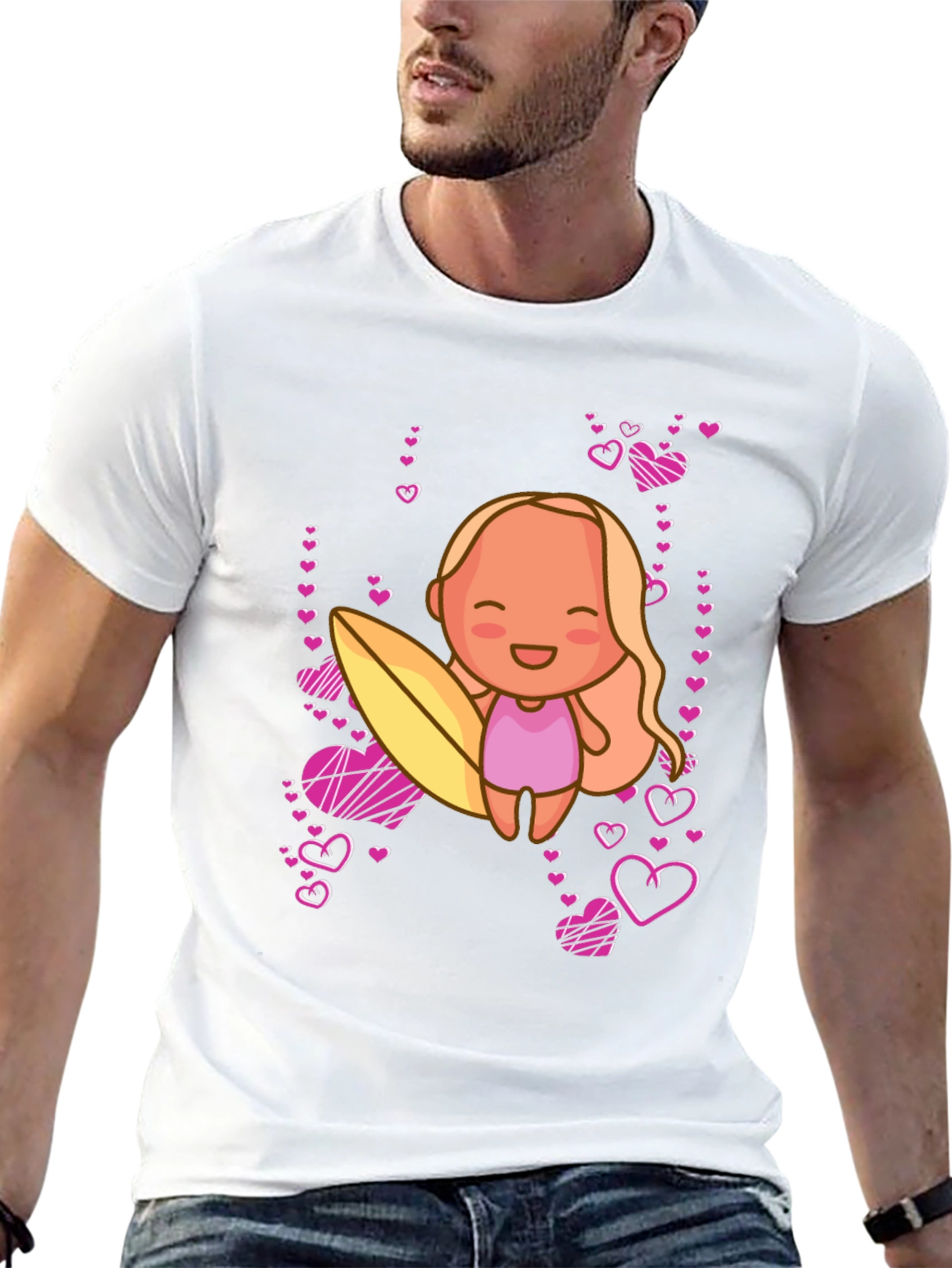 Cute Surfer Girl with Hearts Black T-Shirt