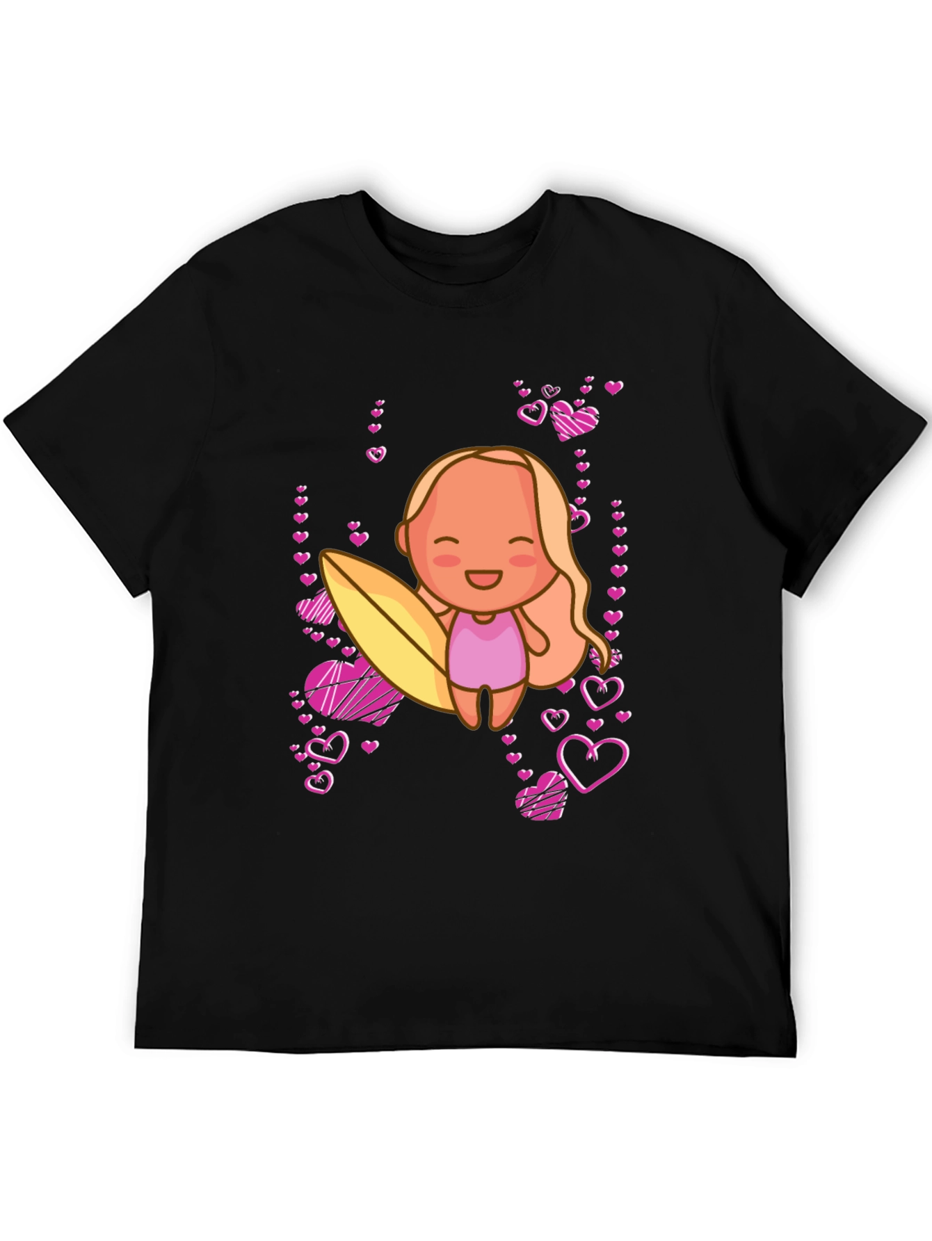 Cute Surfer Girl with Hearts Black T-Shirt