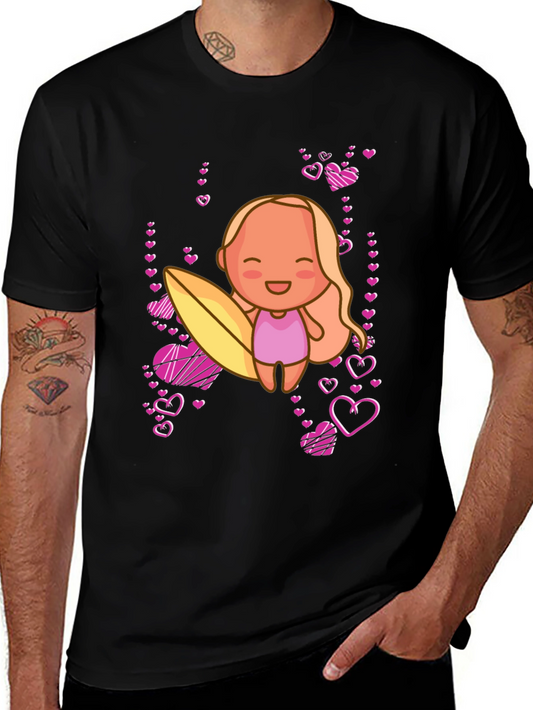 Cute Surfer Girl with Hearts Black T-Shirt