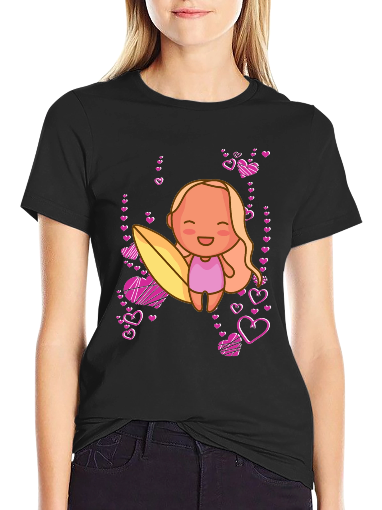 Cute Surfer Girl with Hearts Black T-Shirt