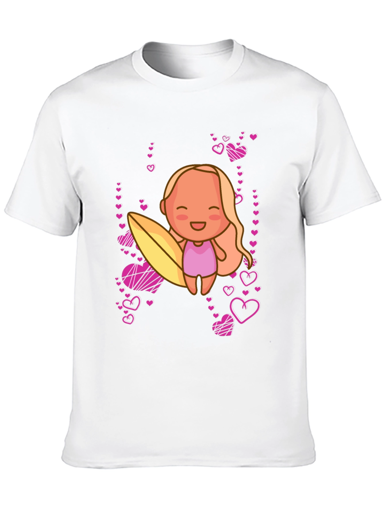 Cute Surfer Girl with Hearts Black T-Shirt