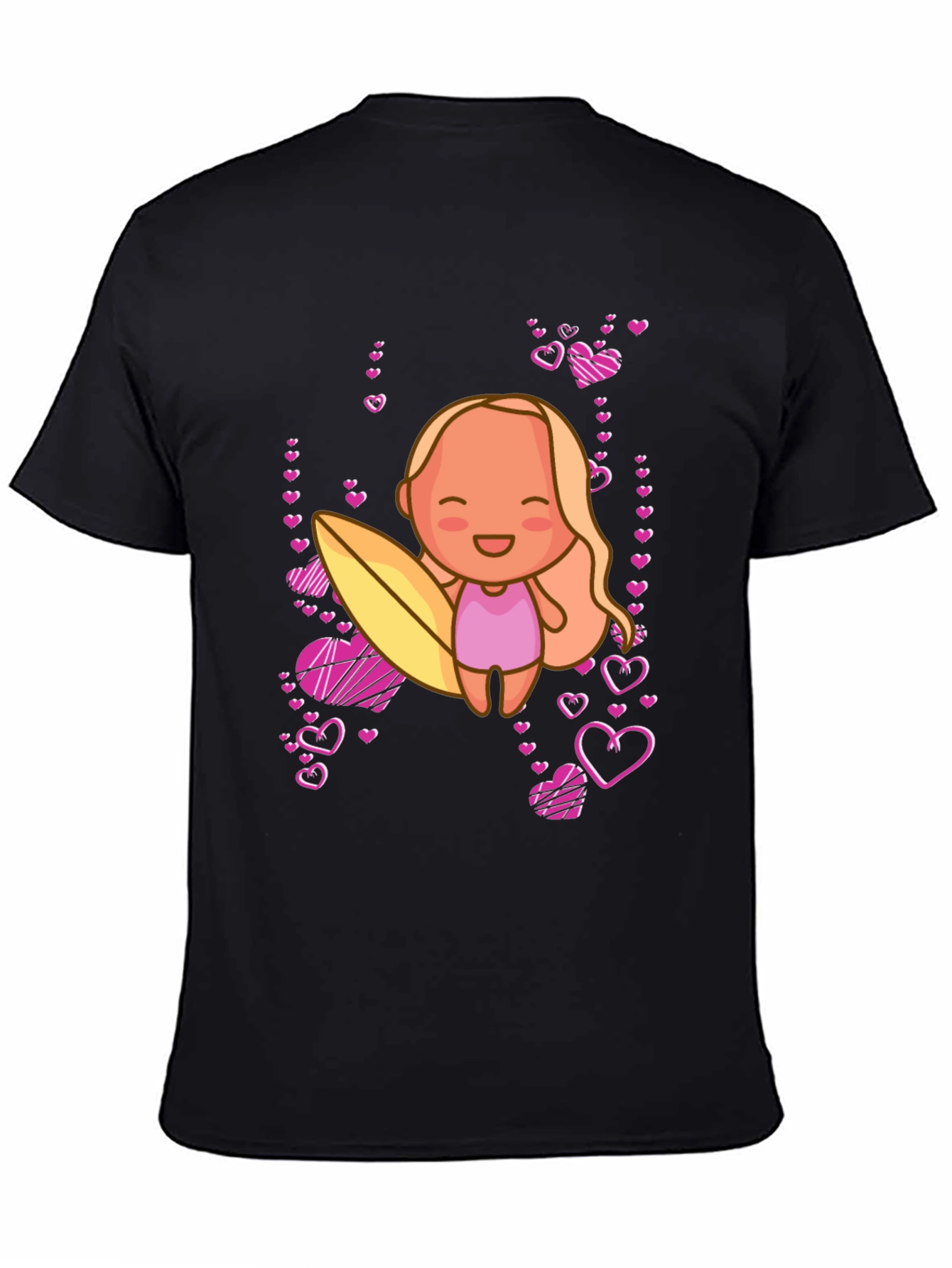 Cute Surfer Girl with Hearts Black T-Shirt