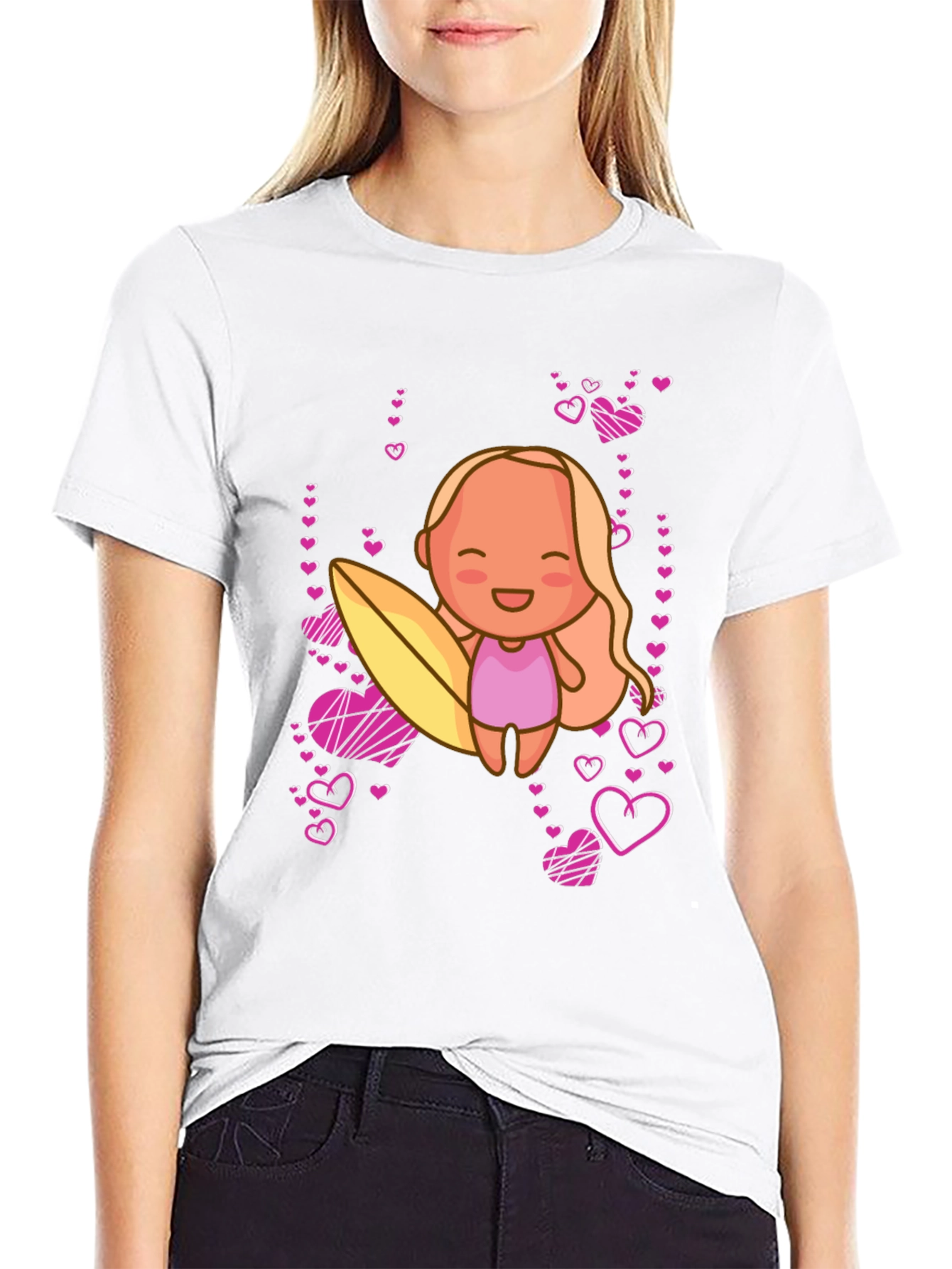 Cute Surfer Girl with Hearts Black T-Shirt