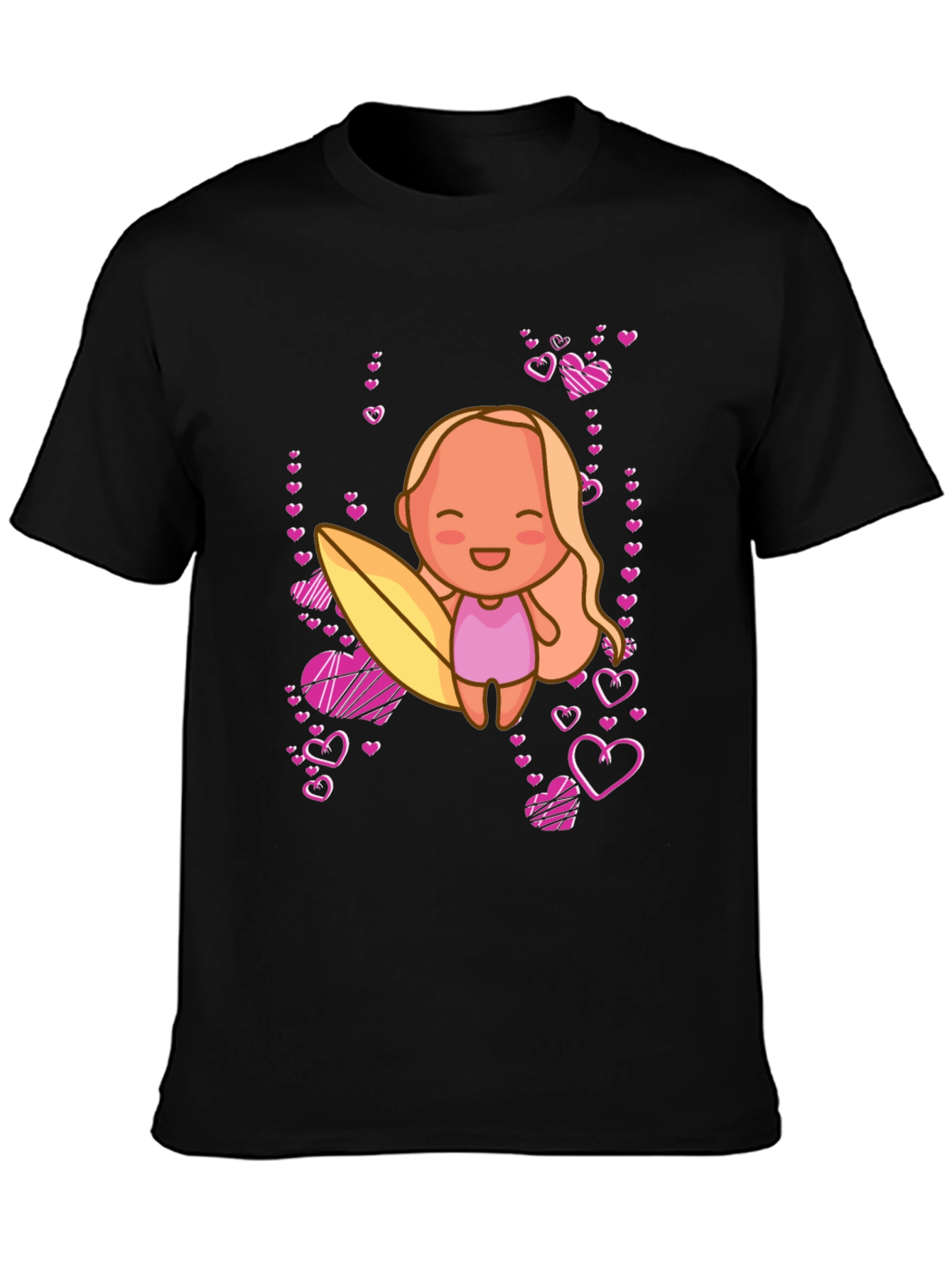 Cute Surfer Girl with Hearts Black T-Shirt