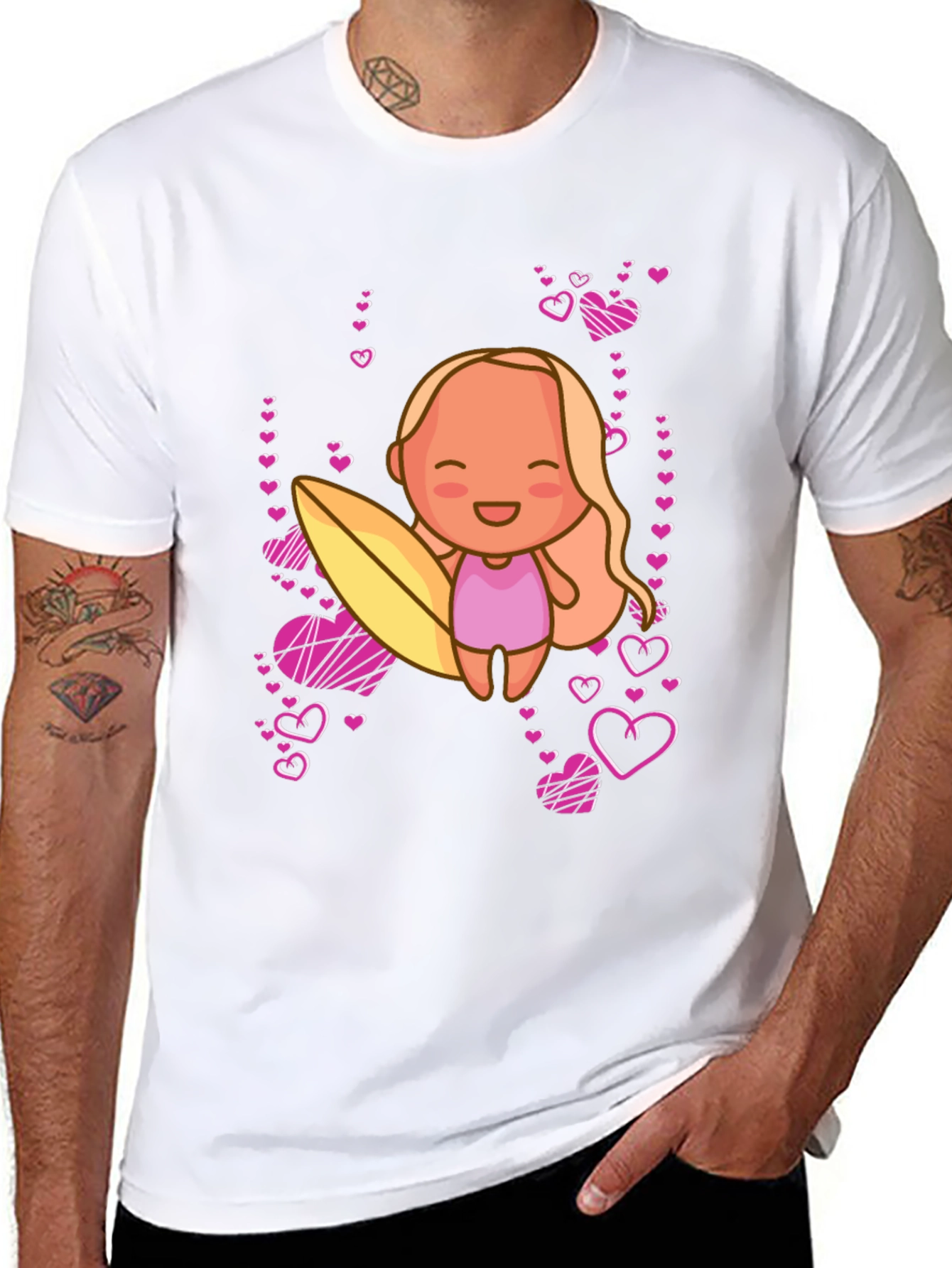 Cute Surfer Girl with Hearts Black T-Shirt