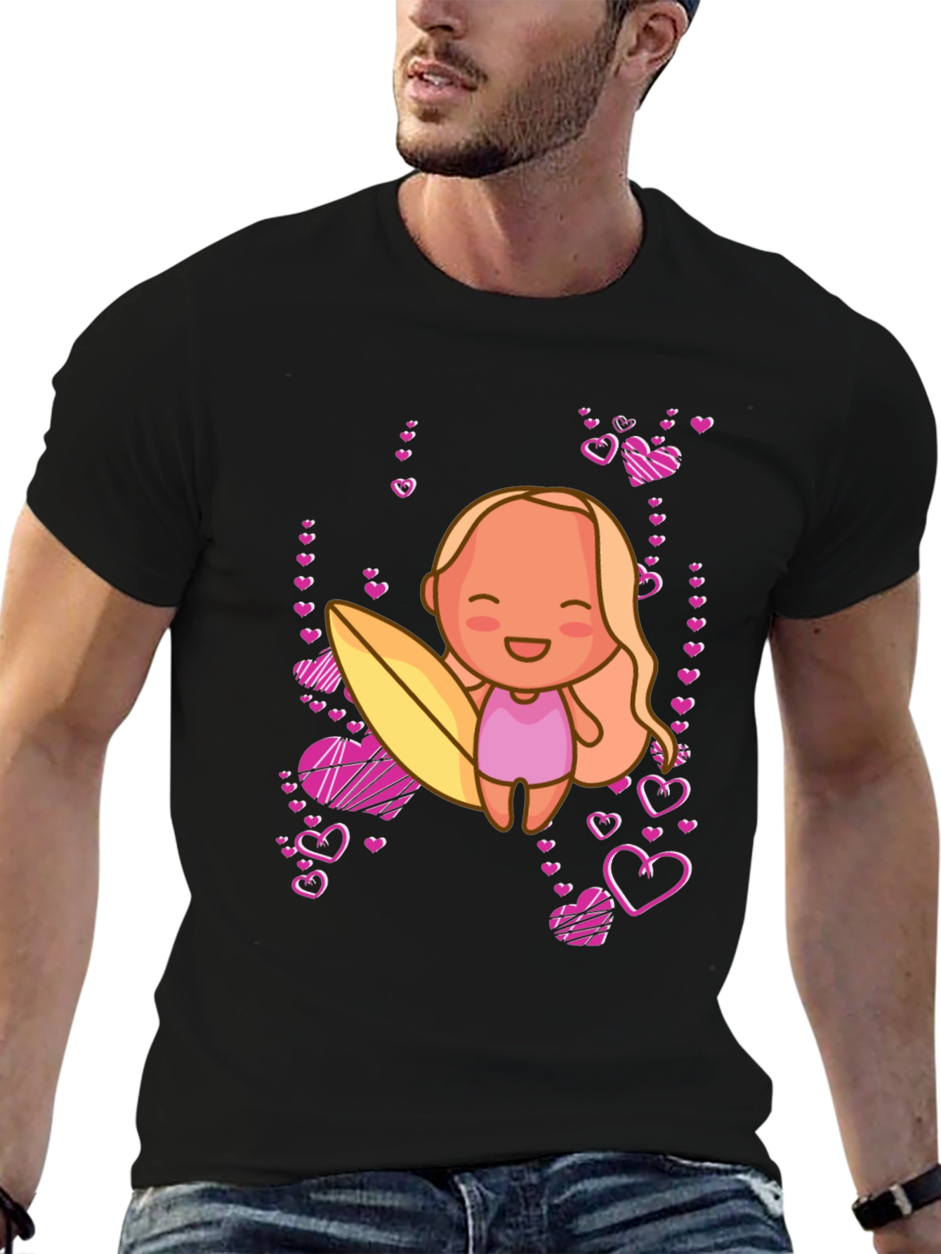 Cute Surfer Girl with Hearts Black T-Shirt