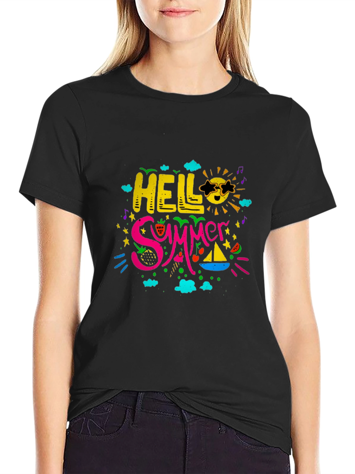 Hello Summer Graphic Print Black T-Shirt