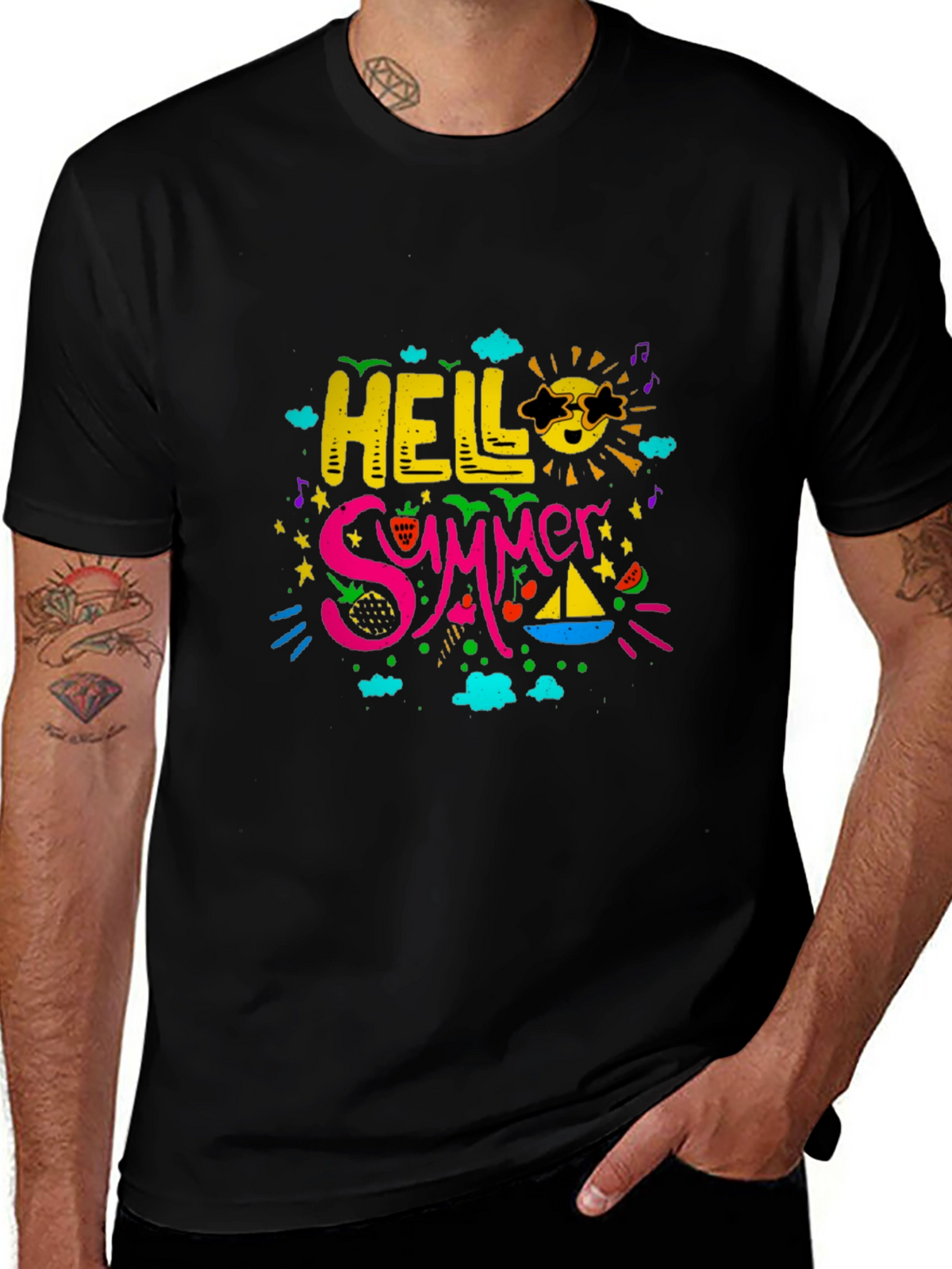 Hello Summer Graphic Print Black T-Shirt